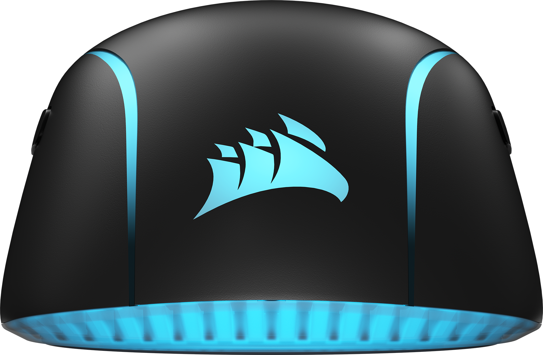 Draufsicht auf eine schwarze Corsair Gaming-Maus mit blauen Lichtern.