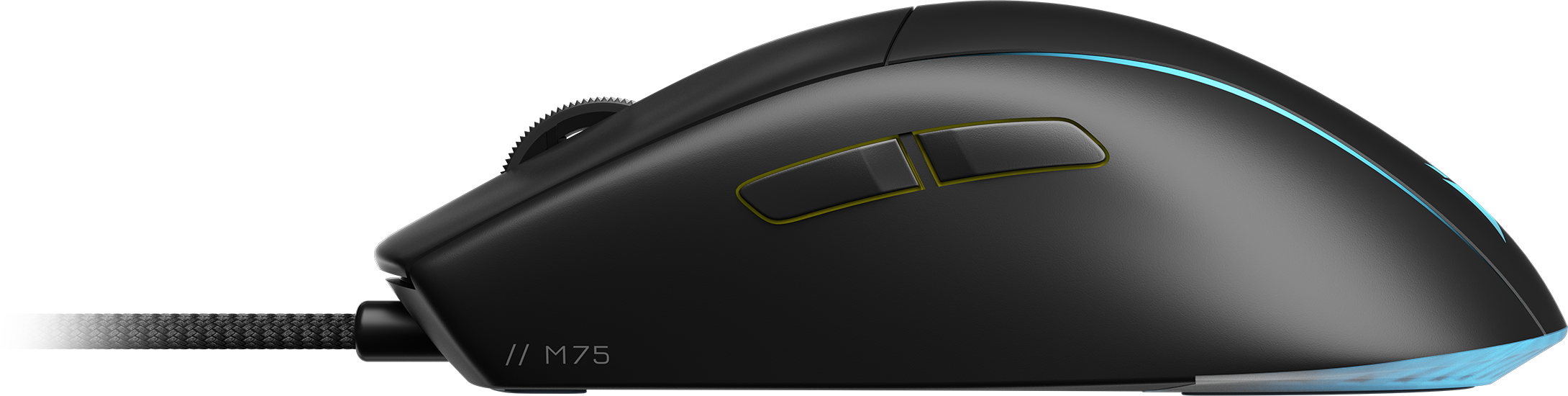 Schwarze Gaming-Maus mit Kabel und zwei Tasten. Hellblaue Akzente. Schwarzer Hintergrund.