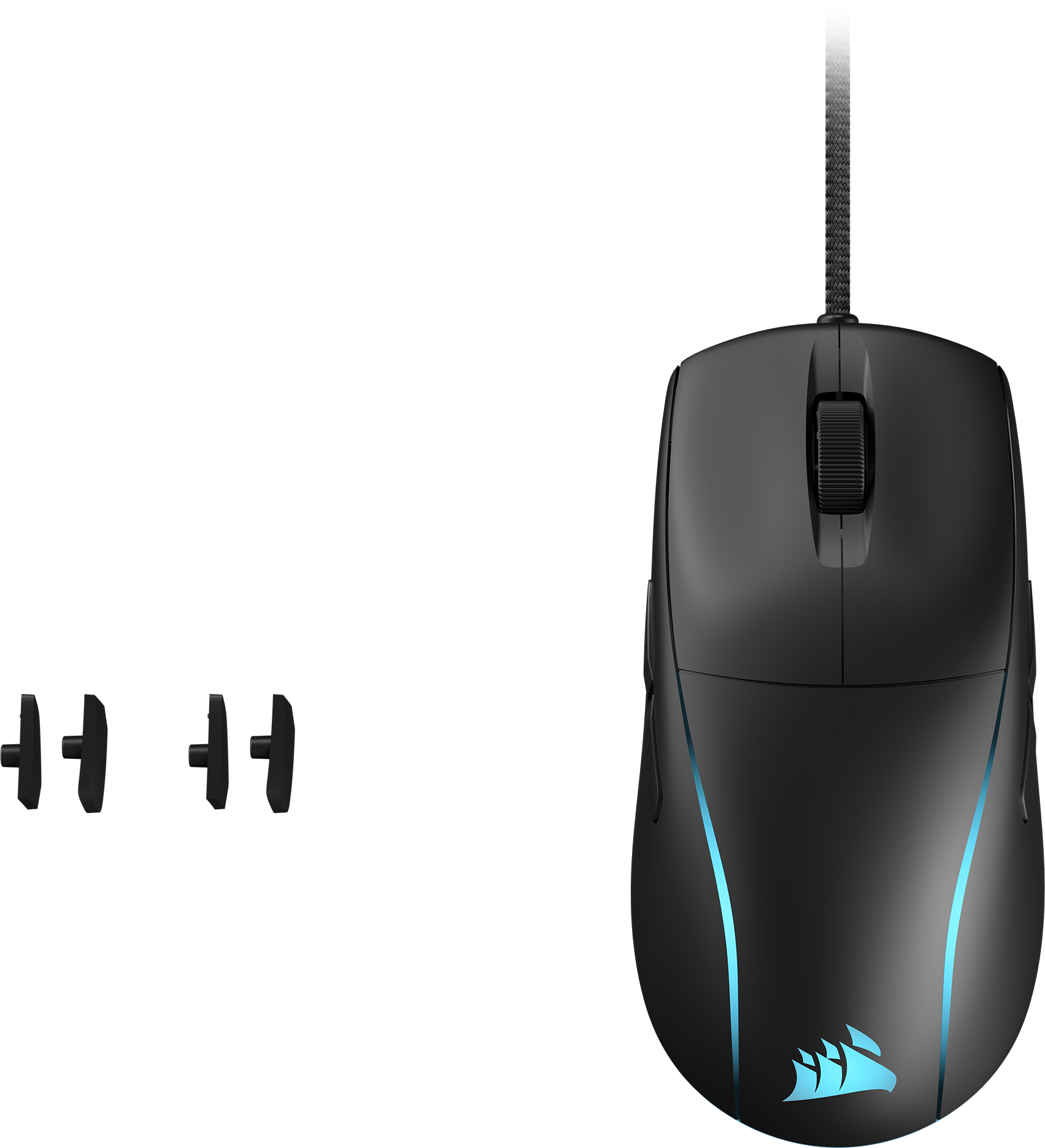 Schwarze Gaming-Maus mit blauen Akzenten und Corsair-Logo. Enthält zusätzliche Tasten.