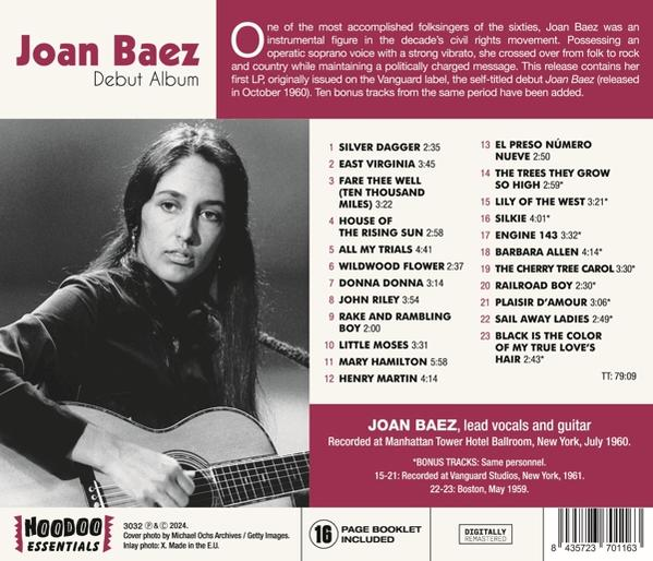 Rückseite des Debut Albums von Joan Baez mit ihrem Bild und einer Titelliste.