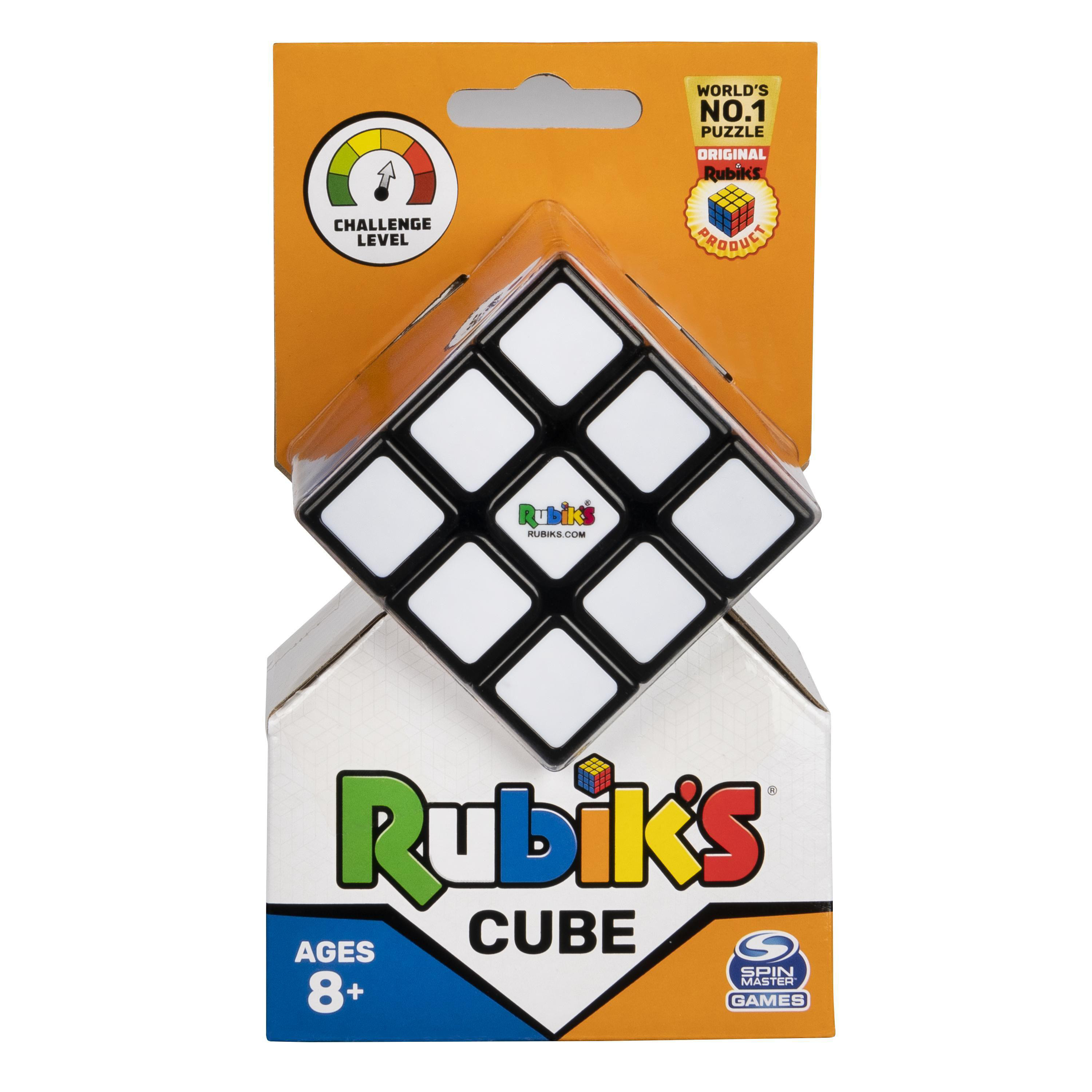 Rubik's Cube in Verpackung, weiße und schwarze Quadrate, bunte Schachtel.