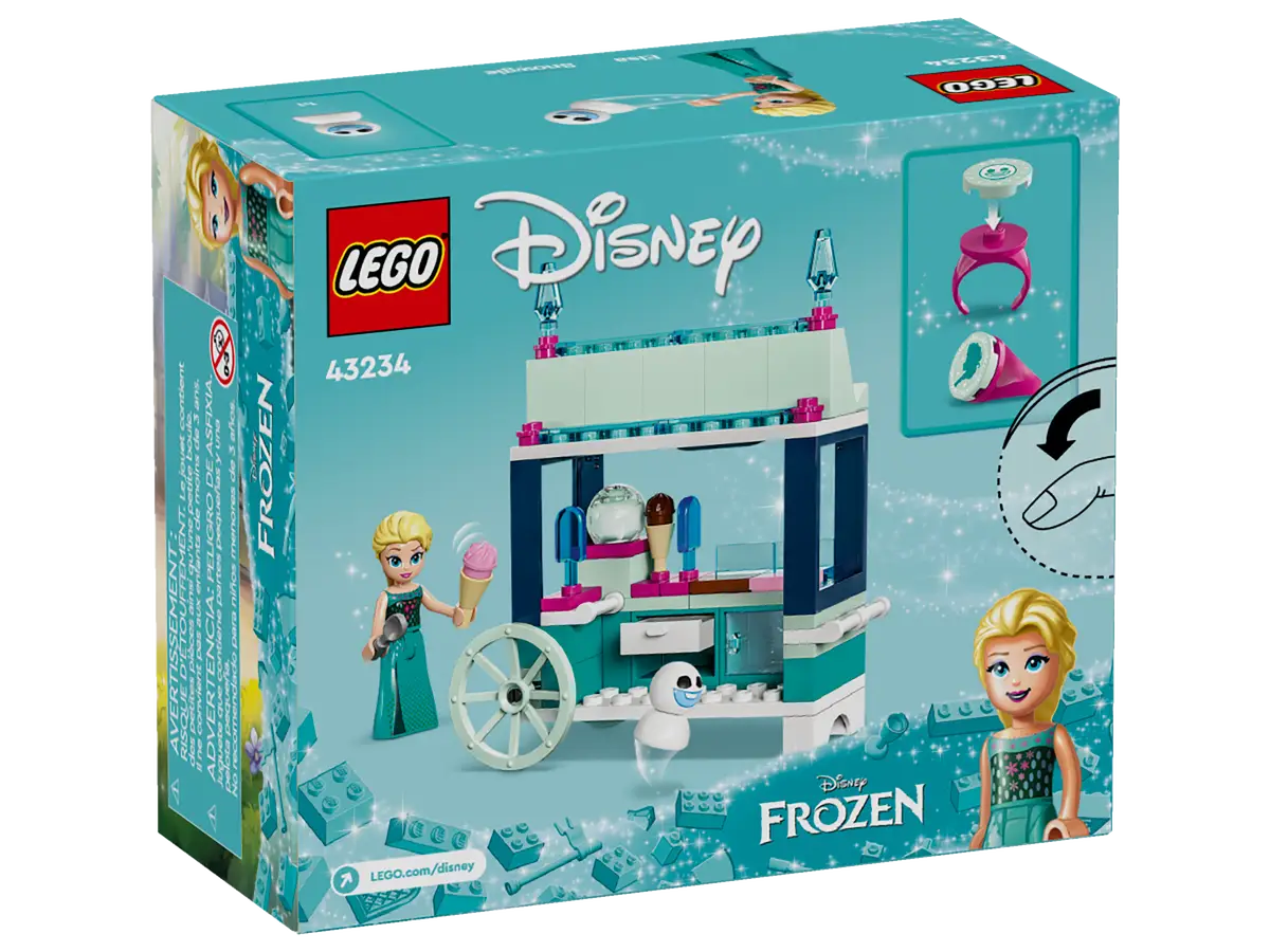 Pudełko zestawu Lego Disney Frozen przedstawia Elsę z wózkiem z lodami i bałwanem.