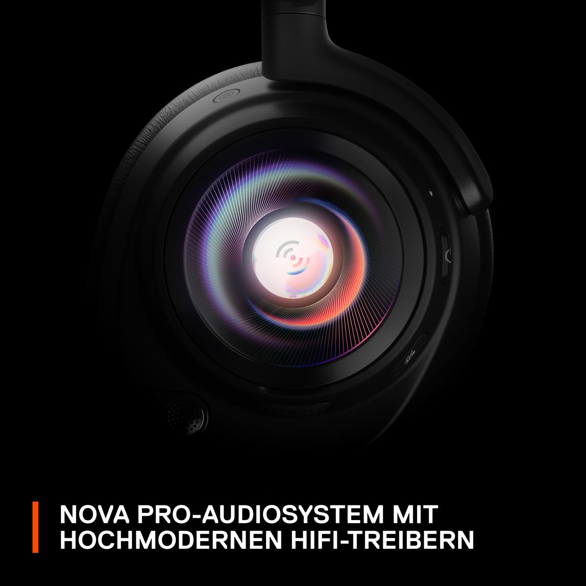 Schwarzer Kopfhörerlautsprecher Nahaufnahme, Regenbogeneffekt innen, schwarzer Hintergrund.