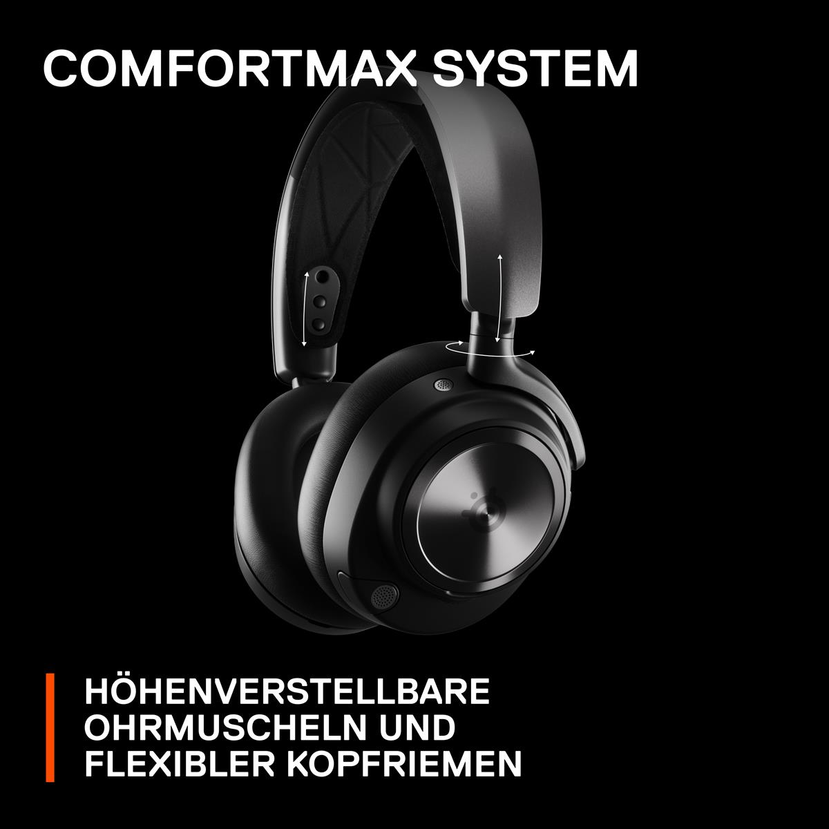Schwarze Kopfhörer mit verstellbaren Ohrmuscheln und Kopfband, Text-Overlay.
