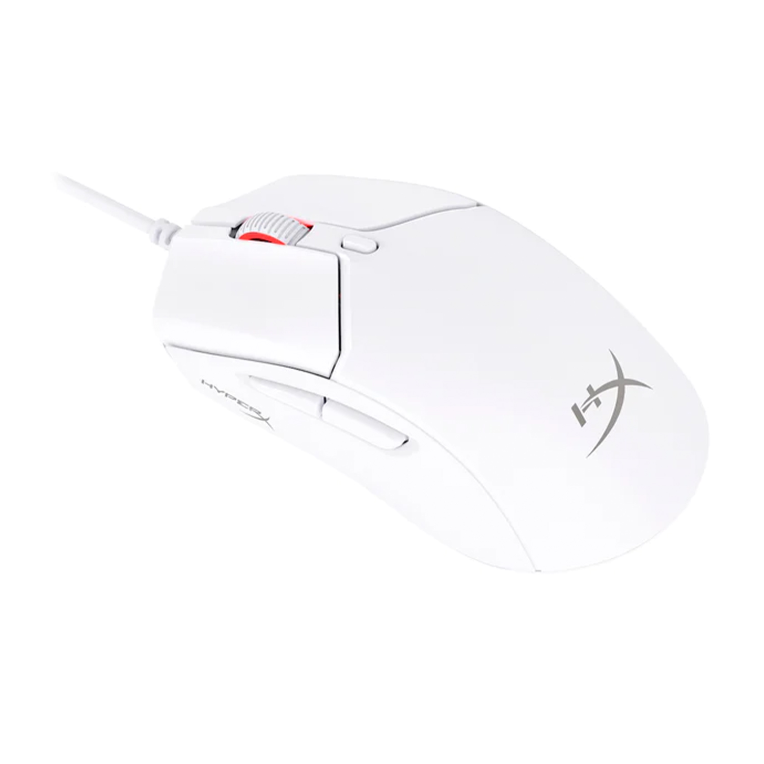 Un mouse da gioco HyperX bianco con rotella rossa e pulsanti su una superficie bianca.