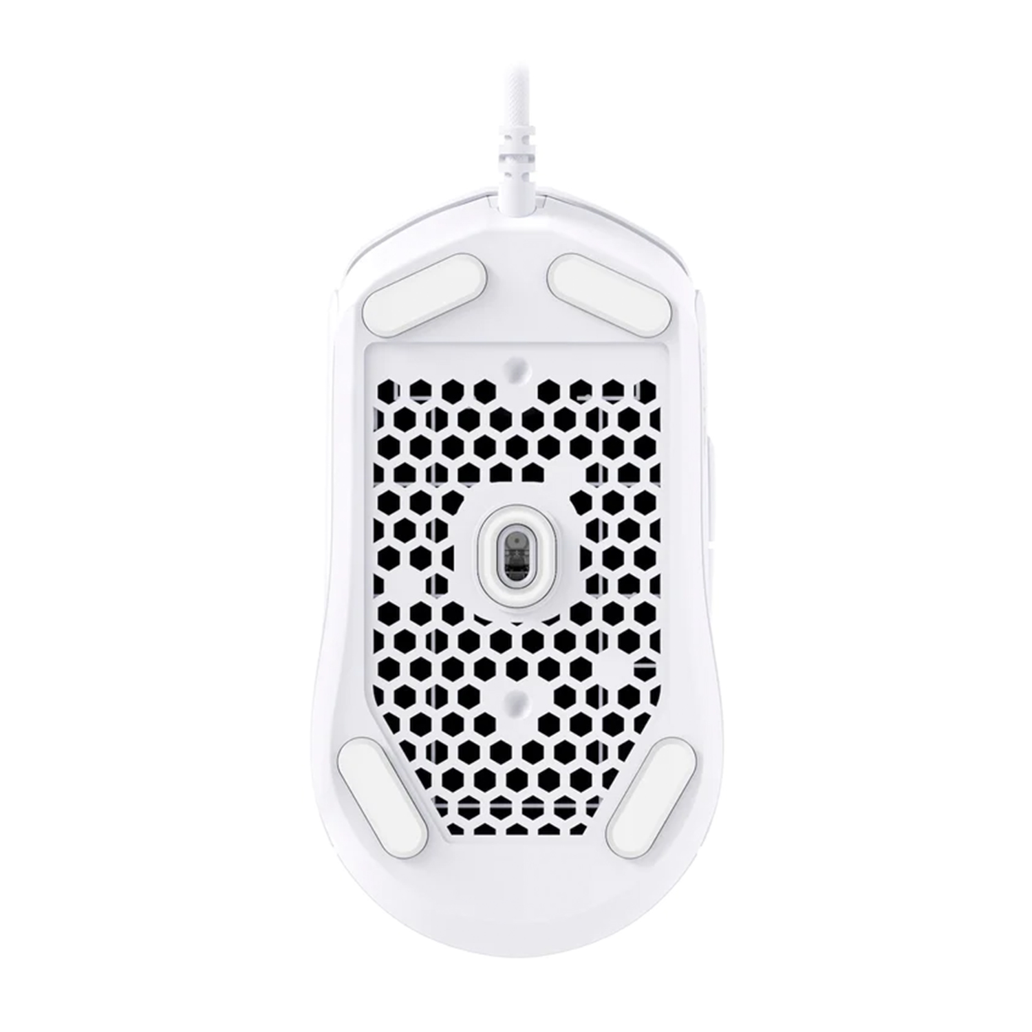 Mouse da gaming bianco, vista inferiore, motivo a nido d'ape e cuscinetti.