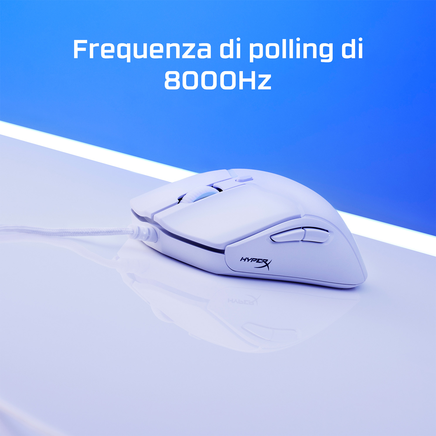 Mouse da gioco bianco con la scritta "Frequenza di polling di 8000HZ".