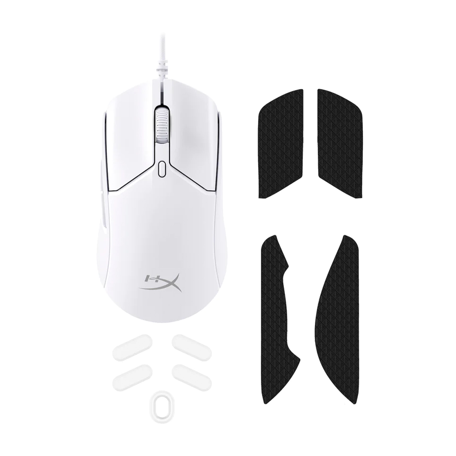 Mouse da gioco bianco con accessori. Include cuscinetti e pezzi aggiuntivi. Sfondo bianco.