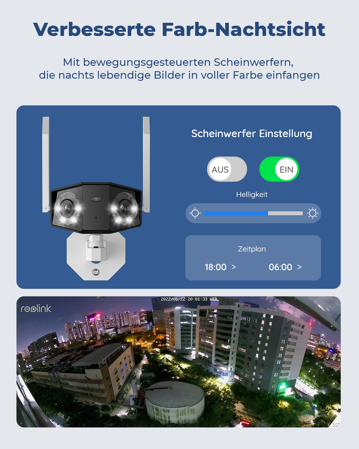 Sicherheitskamera mit Anzeigeeinstellungen und nächtlicher Stadtansicht im Hintergrund.