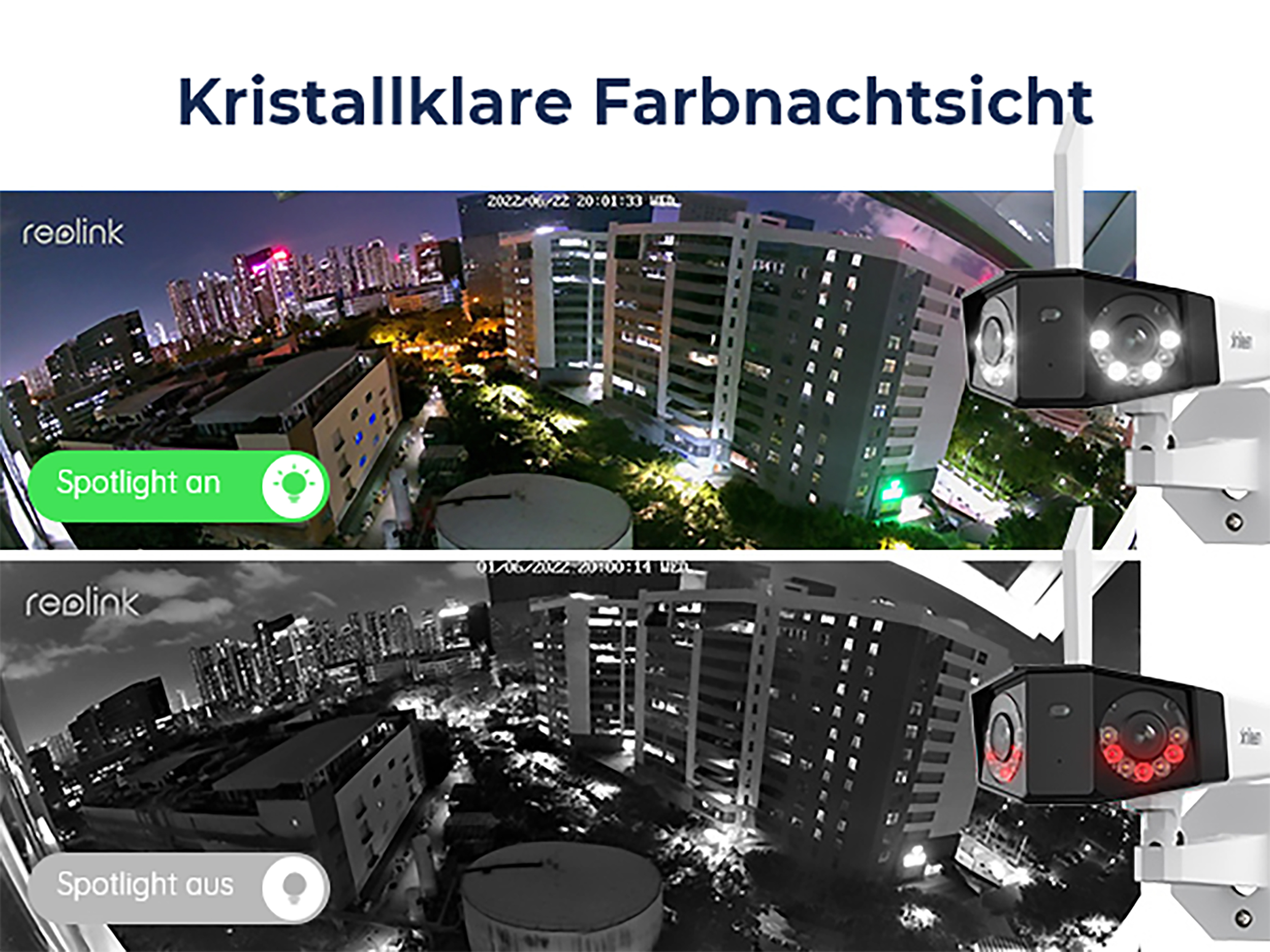 Zwei Bilder einer Stadtlandschaft, eines in Farbe, eines in Schwarzweiß, aufgenommen von einer Überwachungskamera.
