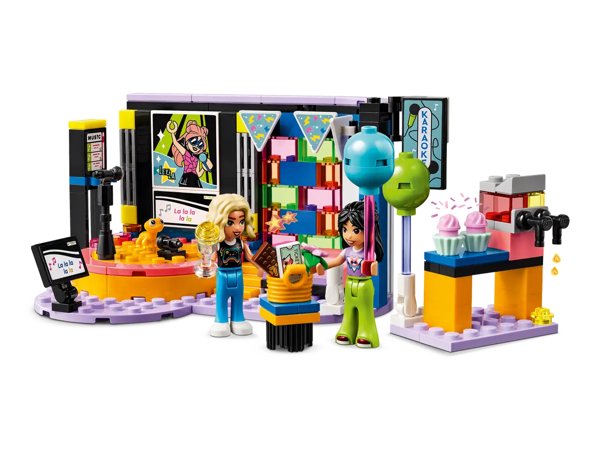 Scena Lego Friends z dwiema figurkami, karaoke i babeczkami.