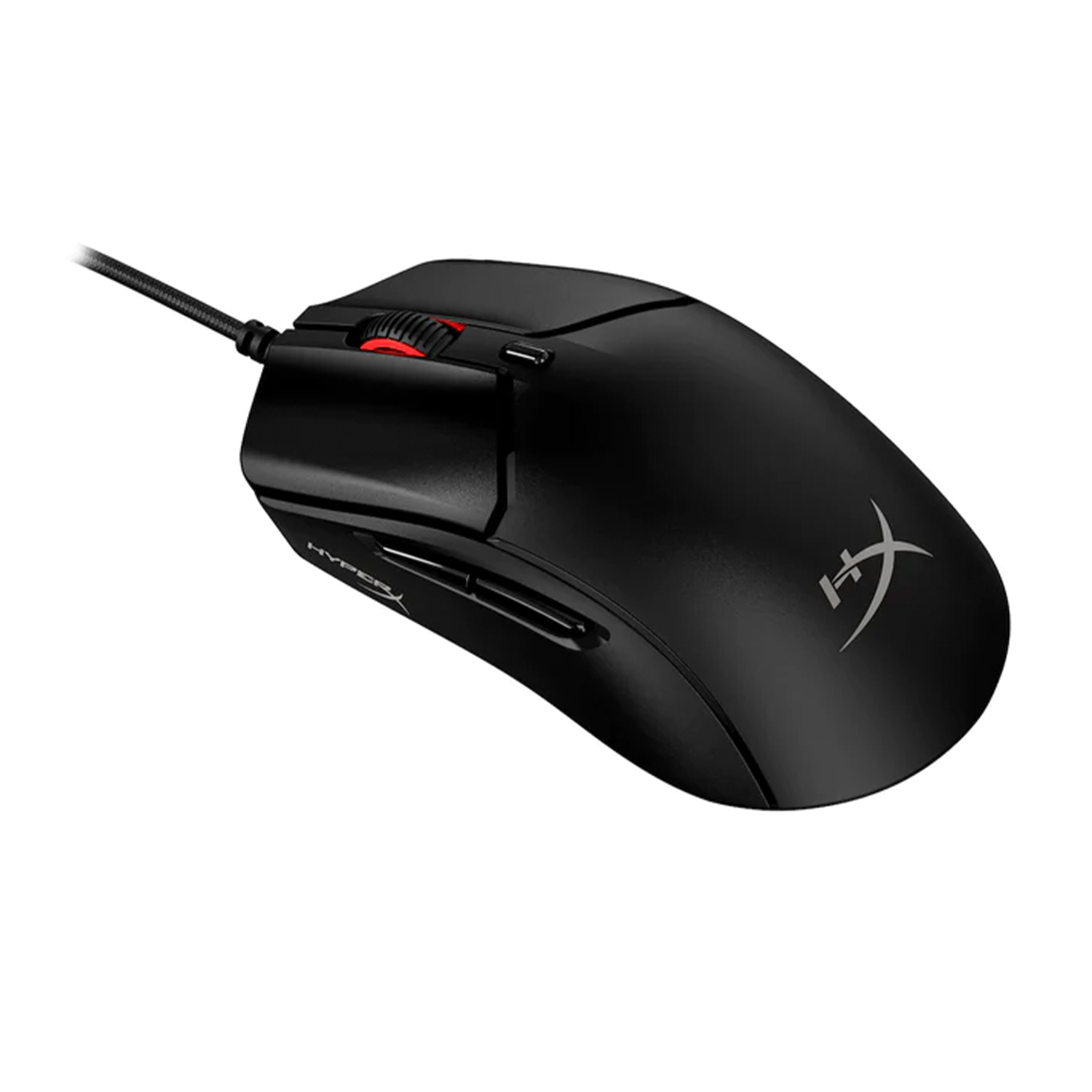 Un mouse da gioco HyperX nero con una rotella di scorrimento rossa.