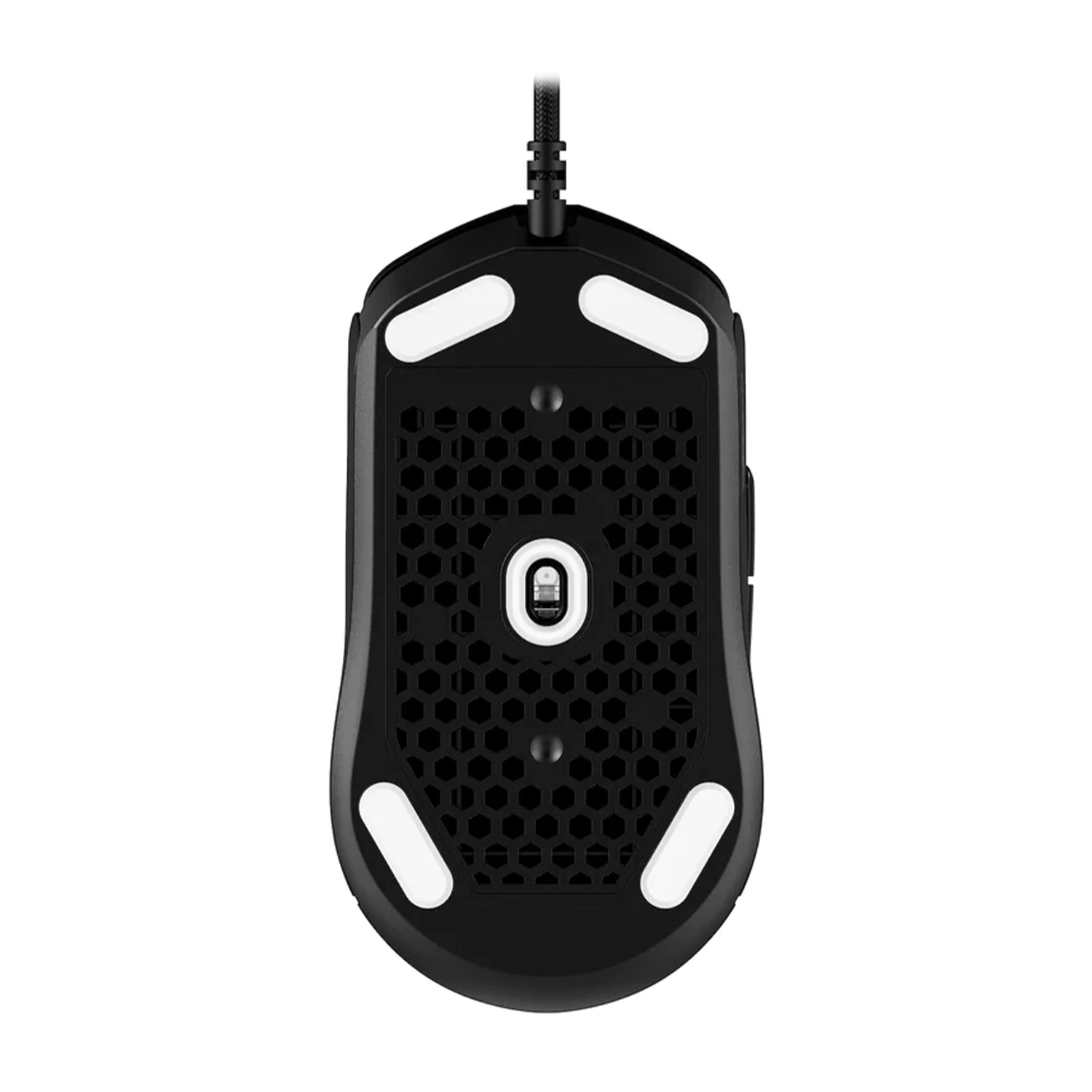 Mouse da gioco nero, con base a nido d'ape, cuscinetti bianchi e cavo intrecciato.