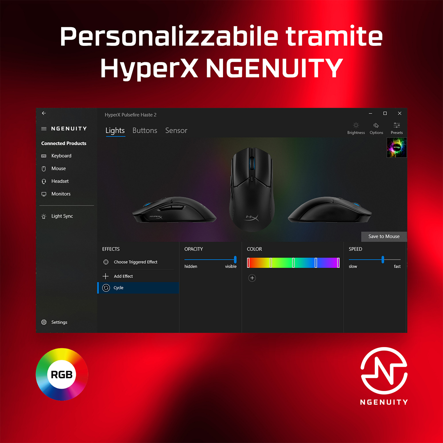 Uno schermo di computer che mostra l'interfaccia del software HyperX NGENUITY.