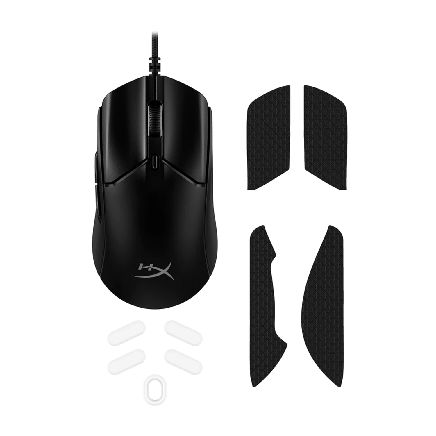 Un mouse da gioco nero con accessori. Il mouse ha un logo.