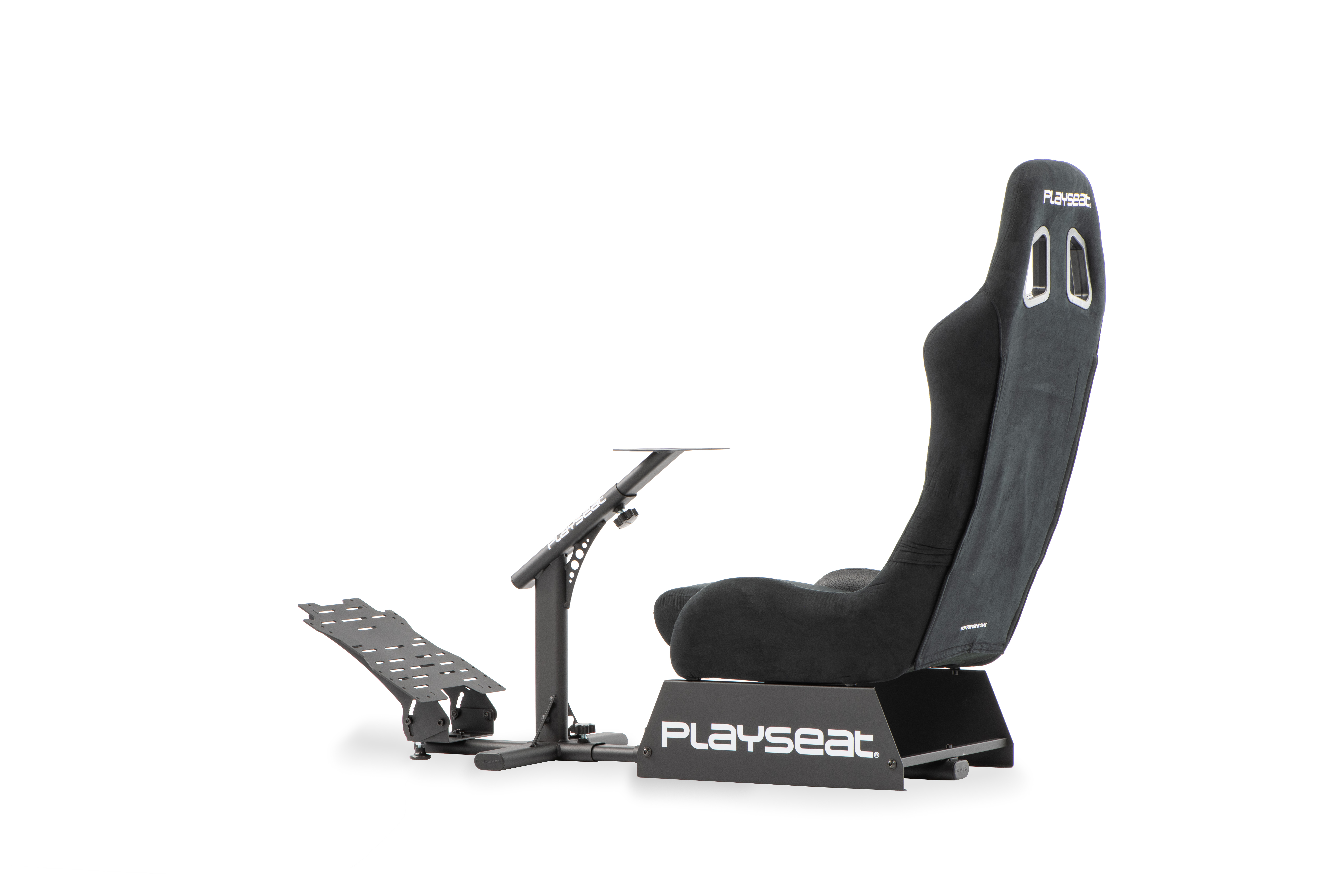 A black gaming chair with a footrest against a white background.