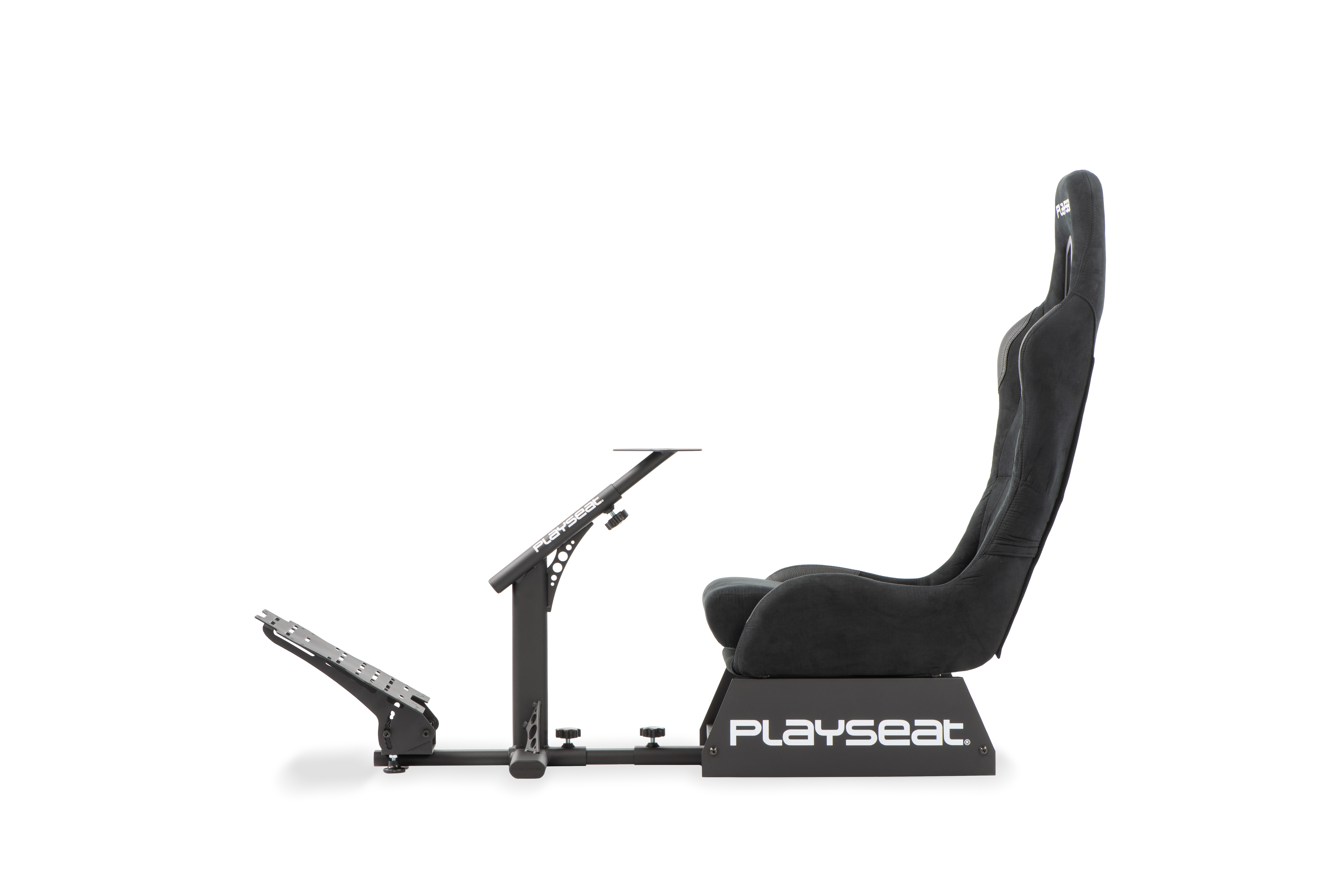 Black racing seat, black frame, white background, Playseat logo.