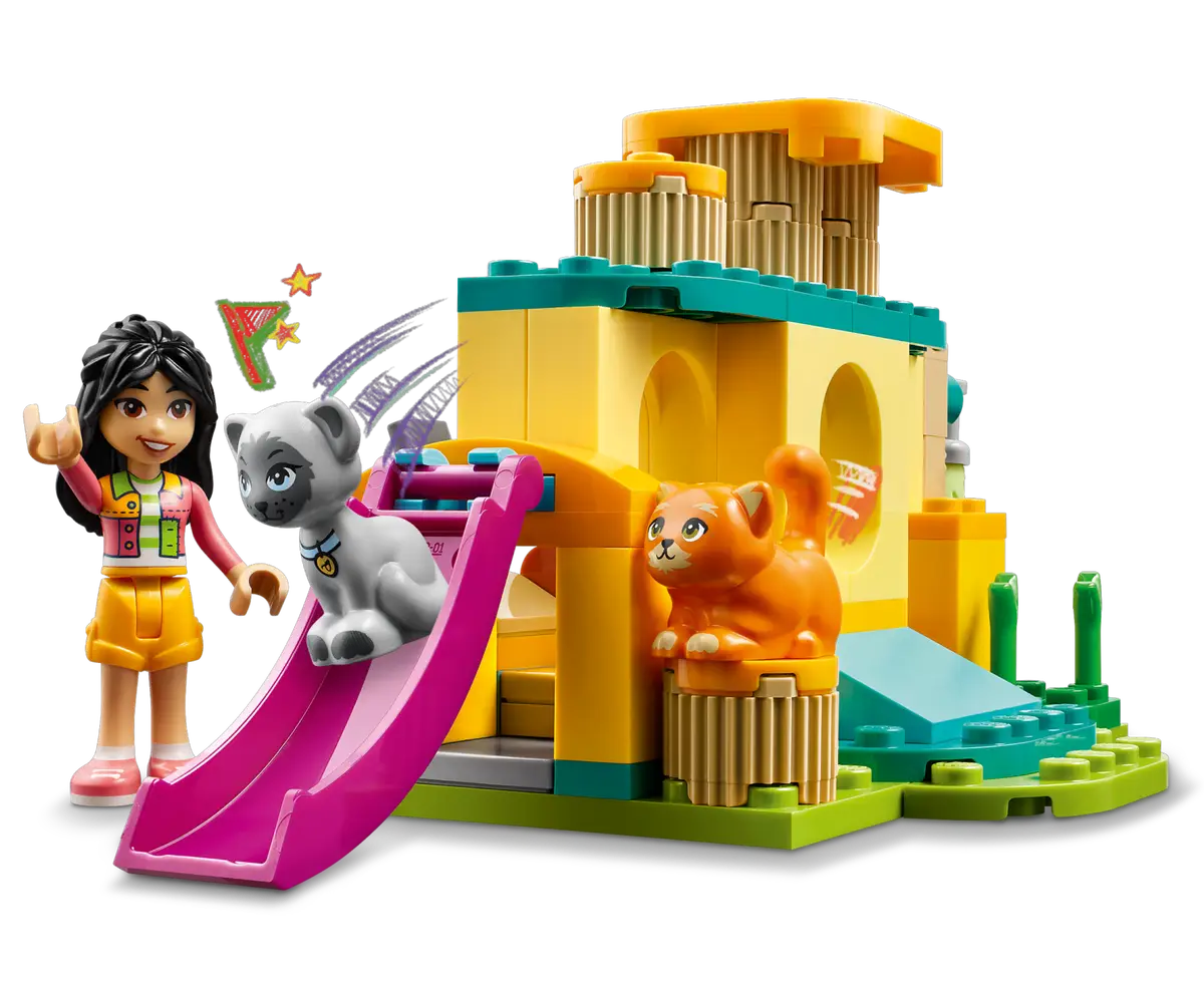 Zestaw LEGO Friends z dziewczynką, kotami i zjeżdżalnią.