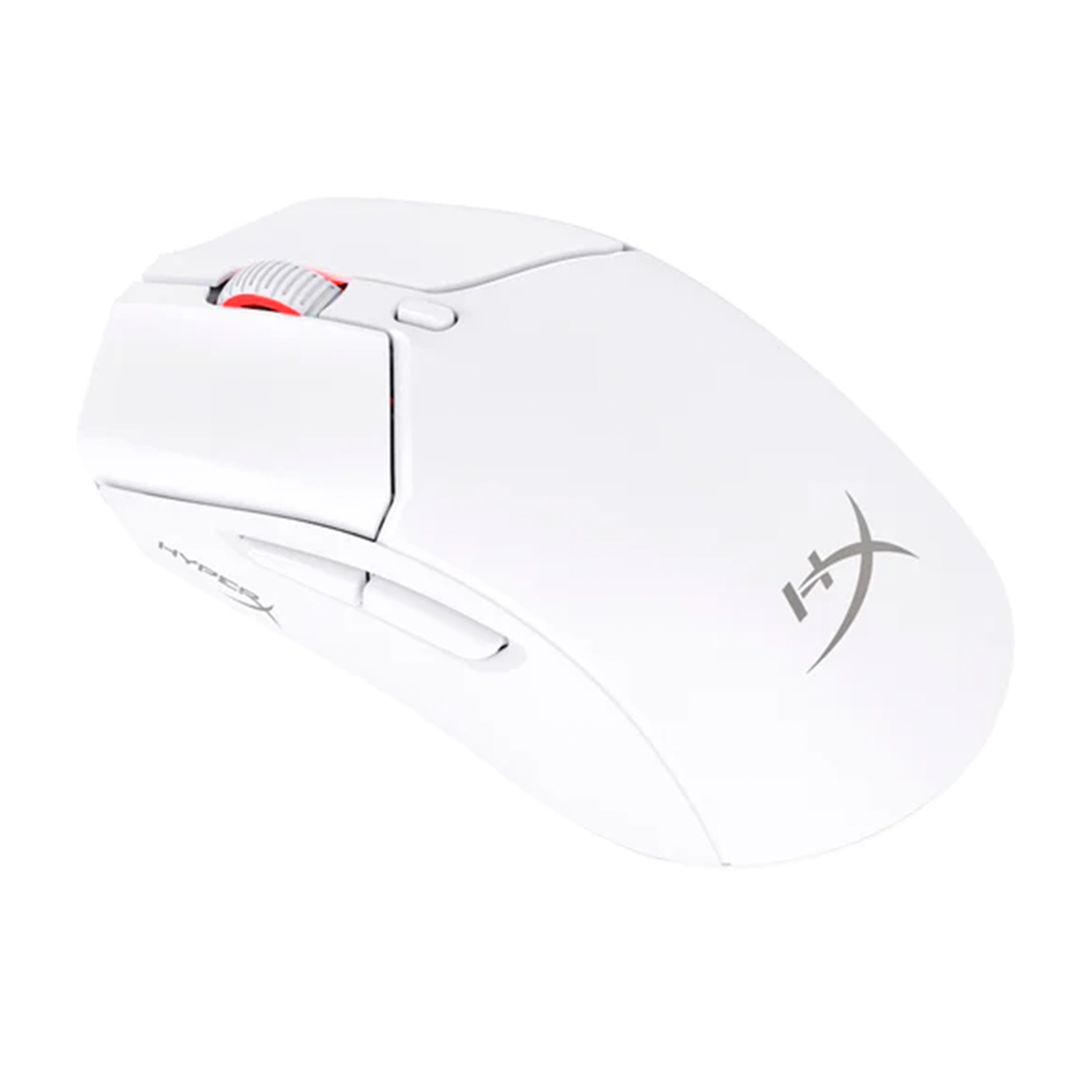 Mouse da gaming bianco con rotella rossa e logo HyperX.