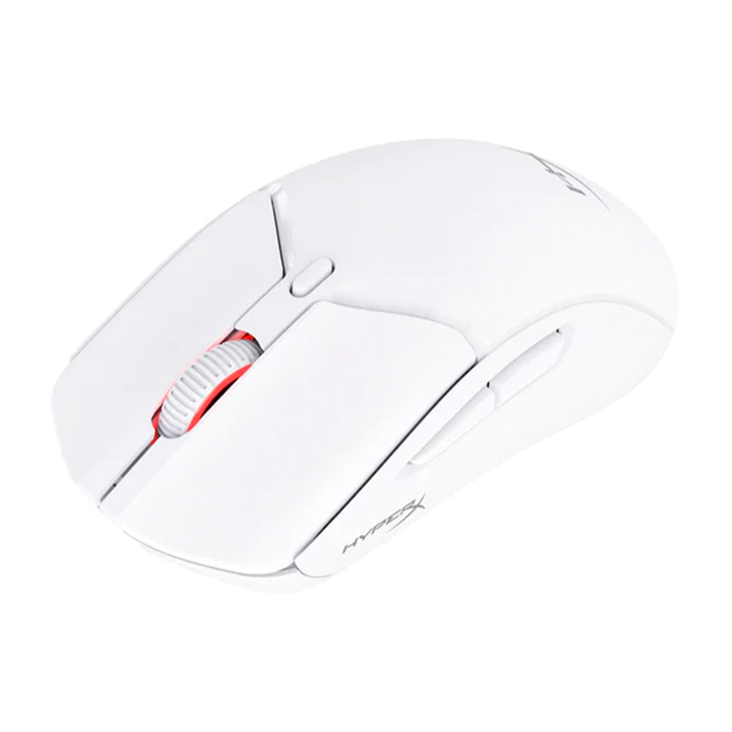 Un mouse da gioco HyperX bianco con rotella rossa e pulsanti laterali.