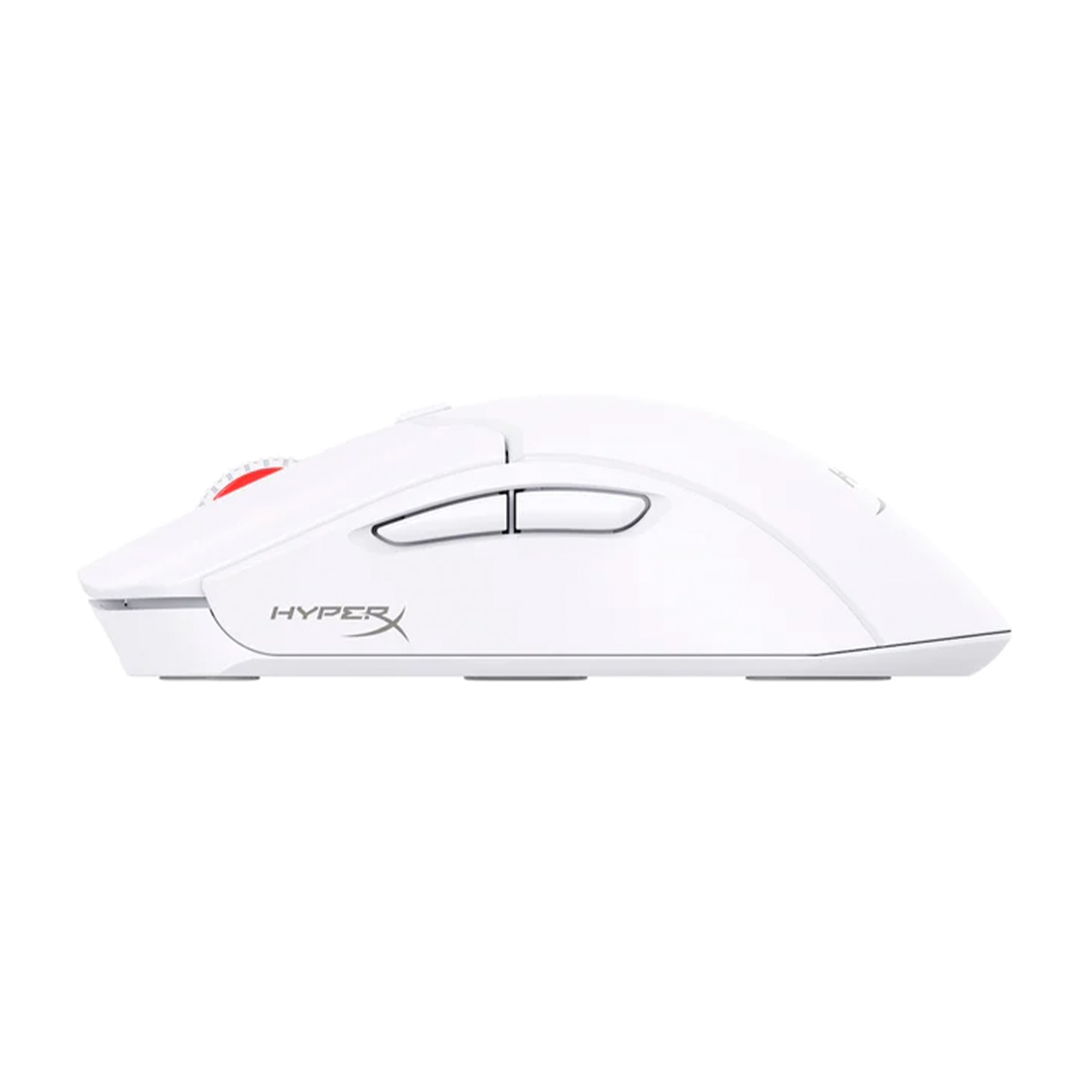 Mouse gaming bianco con rotella rossa su sfondo bianco.