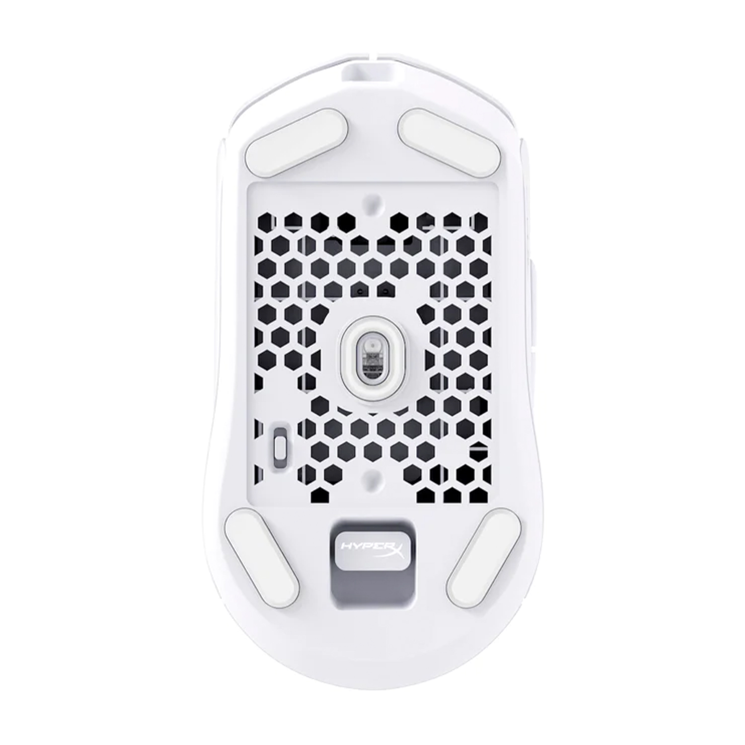 Mouse per computer bianco con motivo a nido d'ape visibile sul lato inferiore.