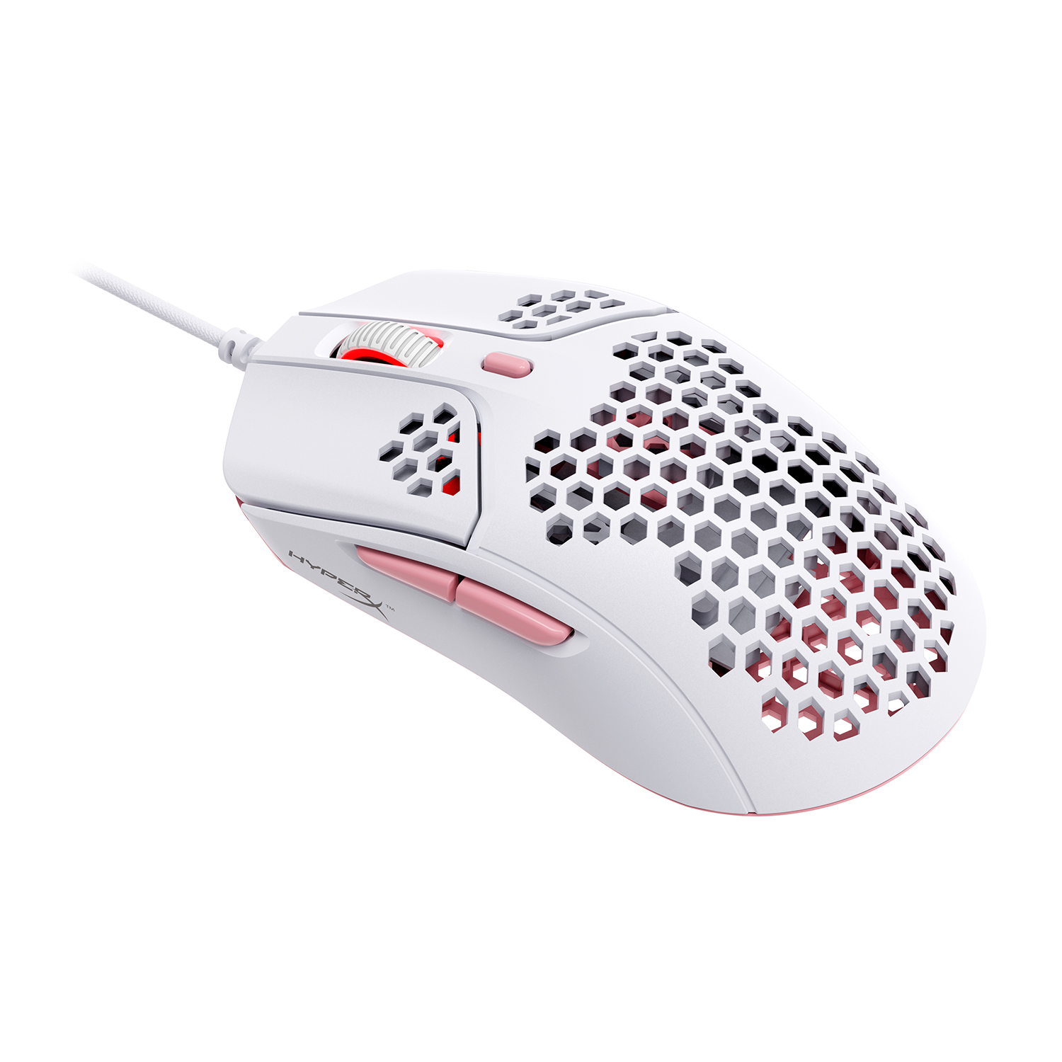 Mouse gaming HyperX bianco. Design a nido d'ape, con accenti rosa sulla rotella e sui pulsanti laterali.