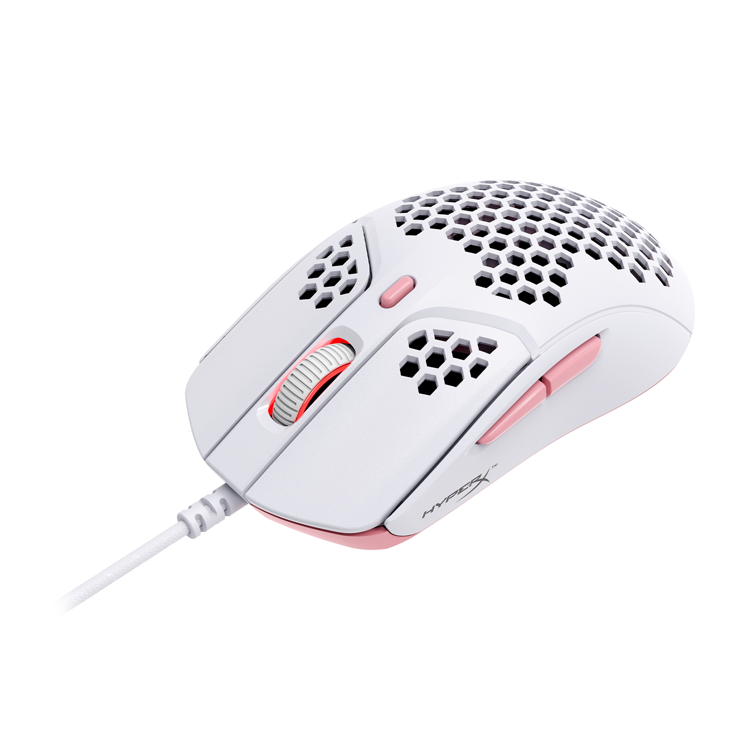 Mouse da gaming bianco con dettagli rosa e design a nido d'ape.