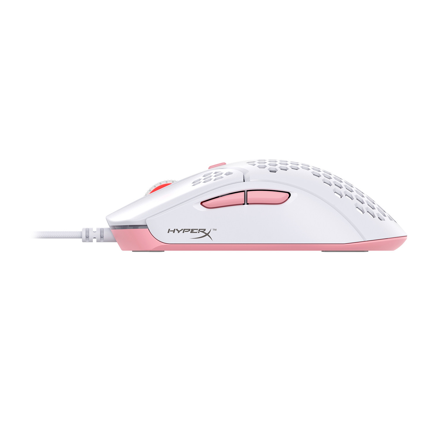Mouse da gioco bianco e rosa con cavo, su sfondo bianco.