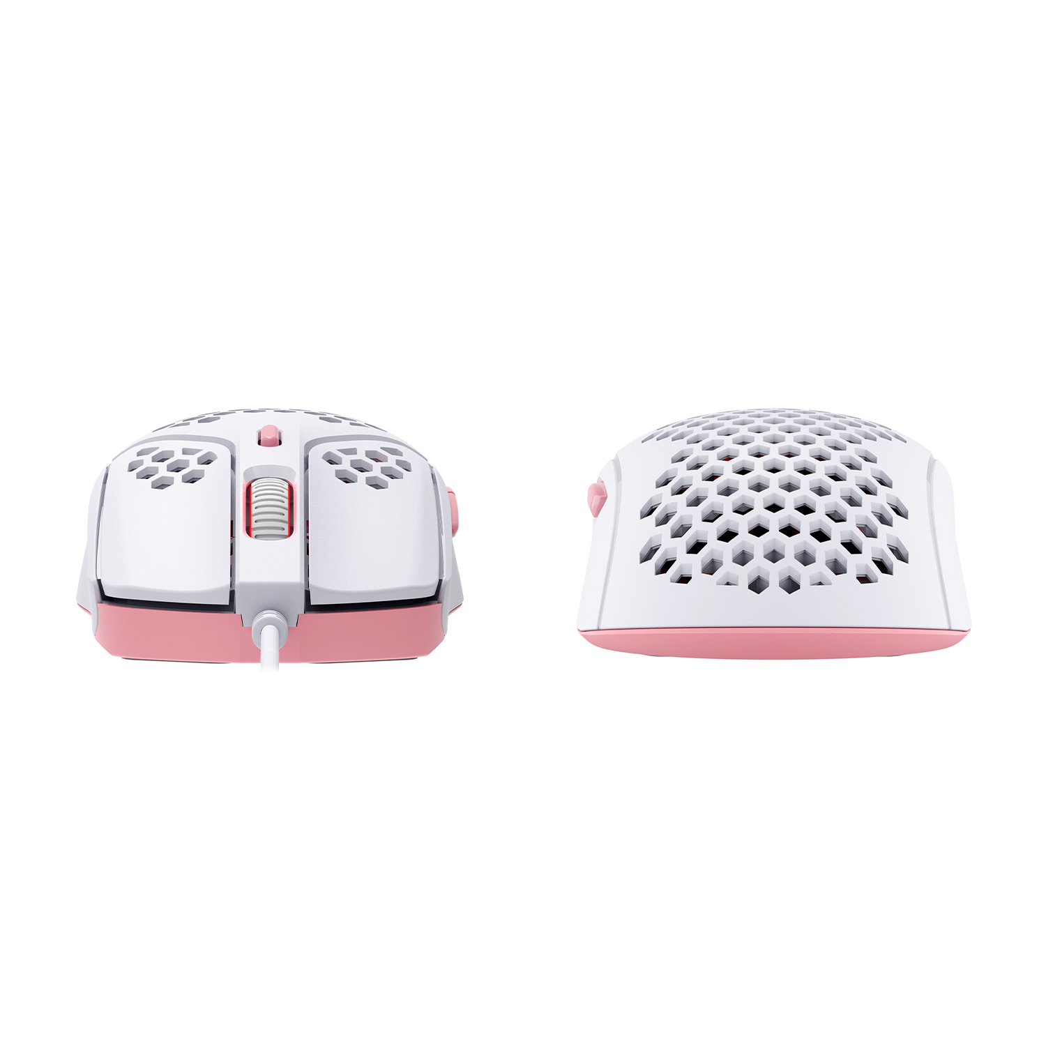 Due mouse da gaming bianchi e rosa con design a nido d'ape.