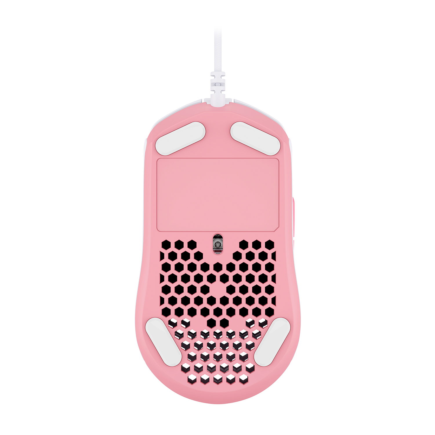 Vista inferiore di un mouse da gaming rosa con cuscinetti bianchi.