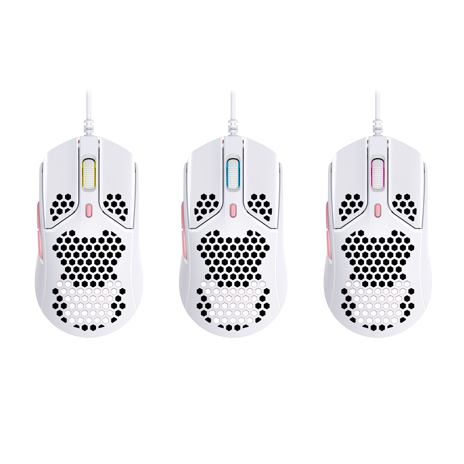 Tre mouse da gioco bianchi con design a nido d'ape e accenti colorati.