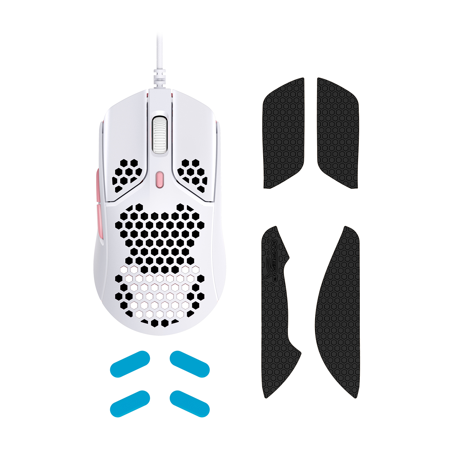 Mouse da gaming bianco con design a nido d'ape, accenti rosa e cuscinetti aggiuntivi. Adesivi blu.