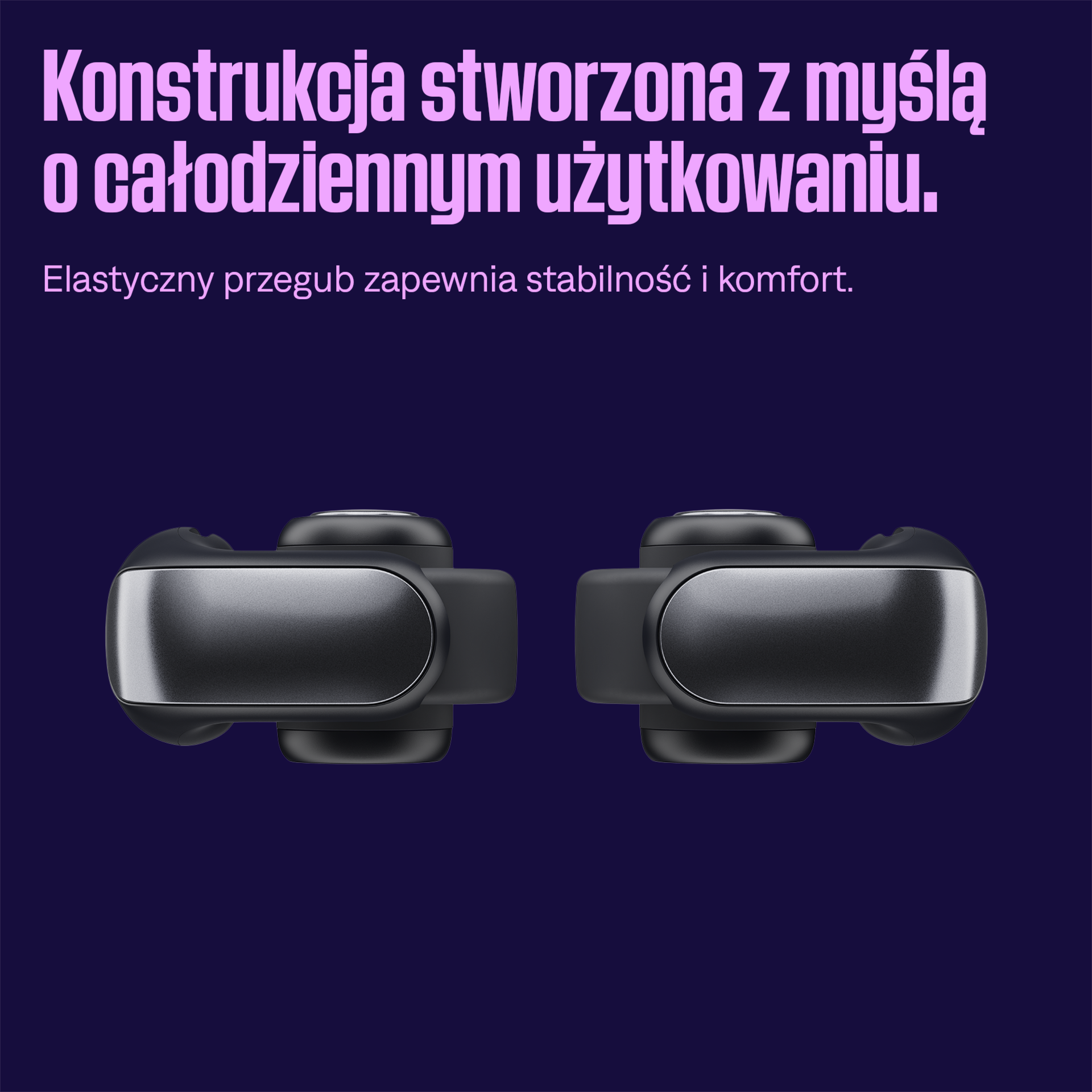 Dwa czarne pąki słuchawkowe na fioletowym tle, tekst po polsku: 'Konstrukcja przeznaczona do codziennego użytku'.