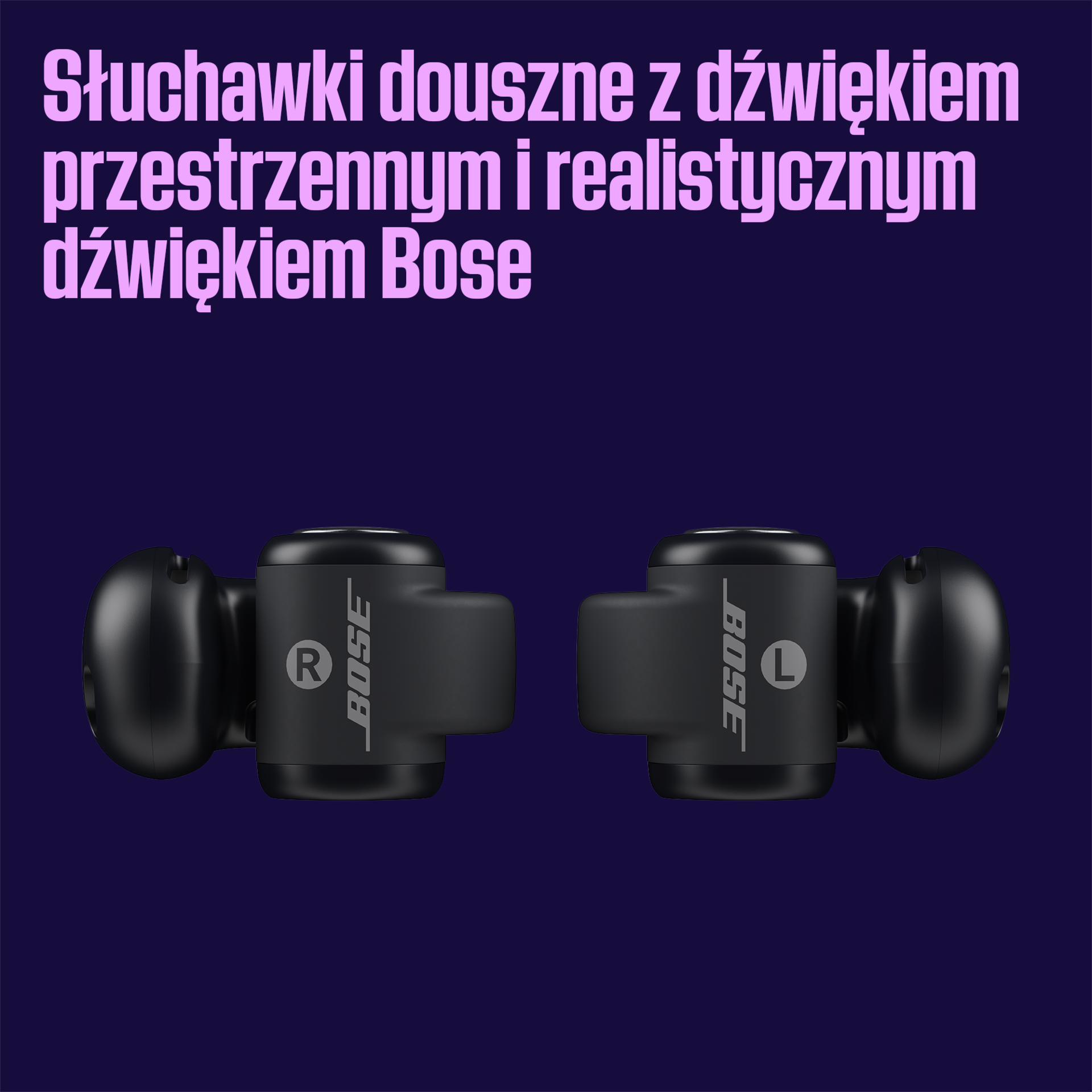 Czarne słuchawki Bose, oznaczone R i L, na ciemnofioletowym tle. Tekst w języku polskim.