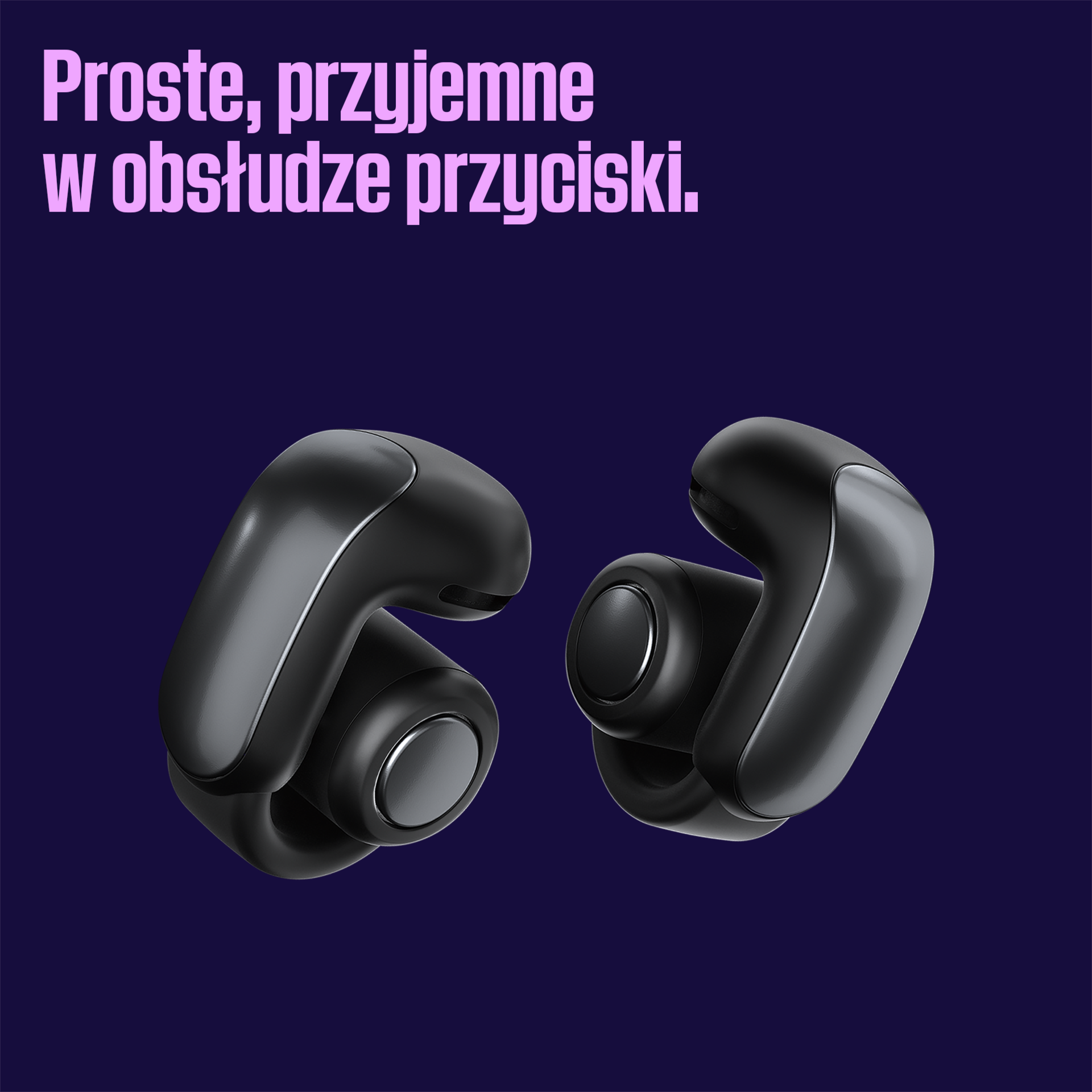 Czarne bezprzewodowe słuchawki, tekst po polsku: 'Proste, przyjemne w obsłudze przyciski'.