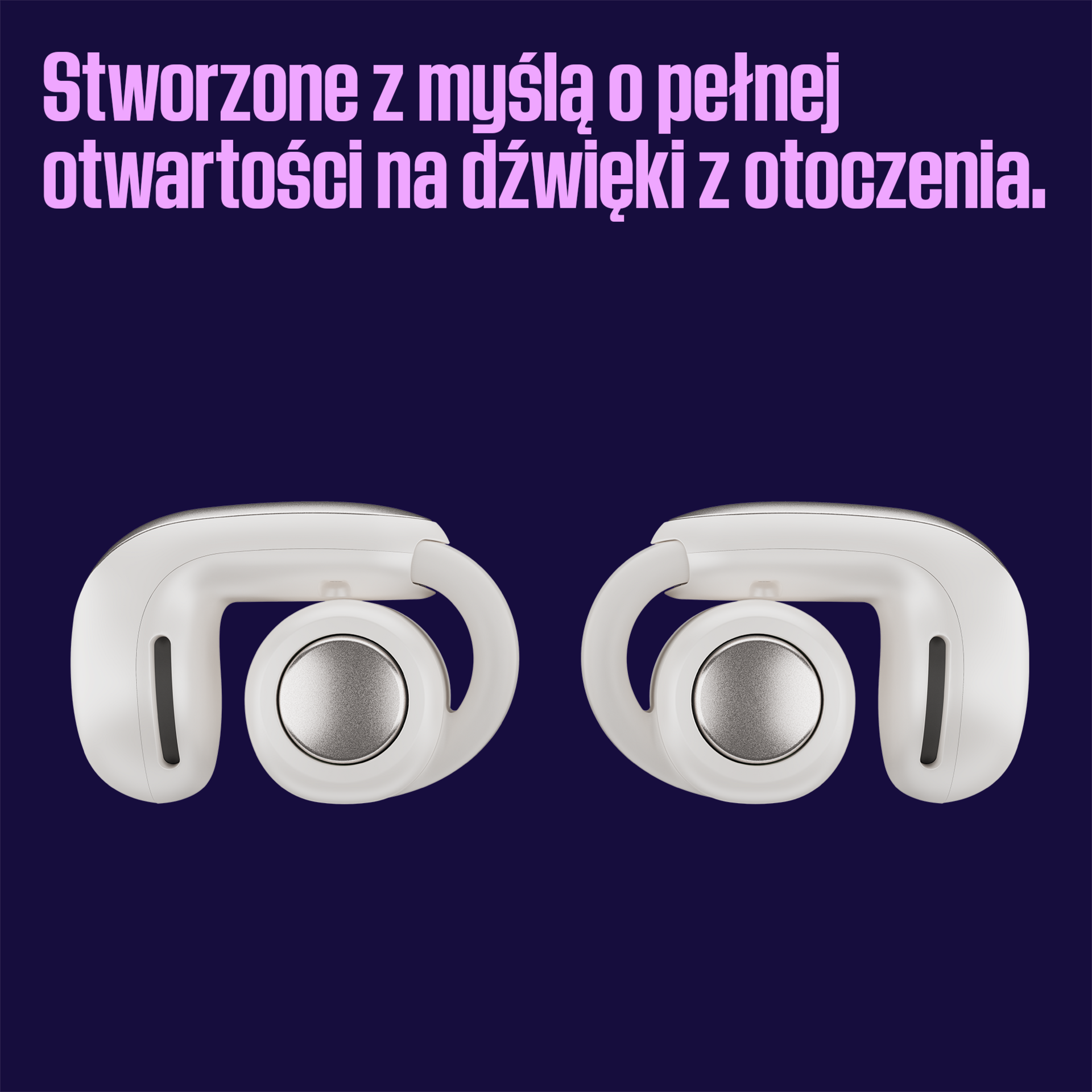 Dwa białe bezprzewodowe słuchawki na ciemnofioletowym tle.