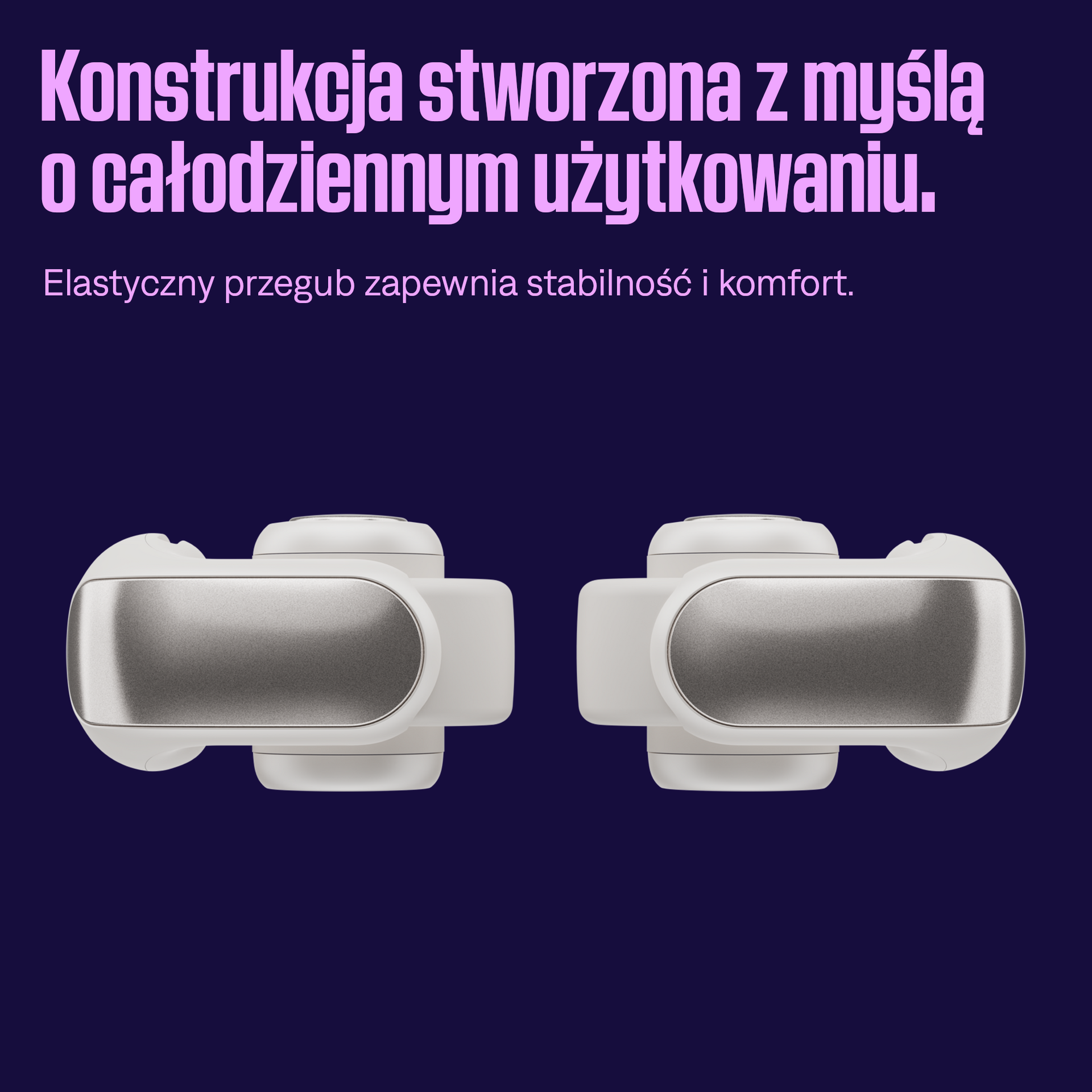 Dwie biało-srebrne słuchawki na fioletowym tle. Tekst w języku polskim powyżej.