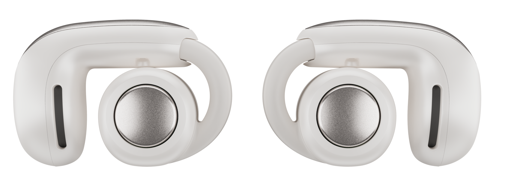 Białe bezprzewodowe słuchawki douszne. Haczyki na uszy, srebrny środek. Czarne tło. Widok z góry.