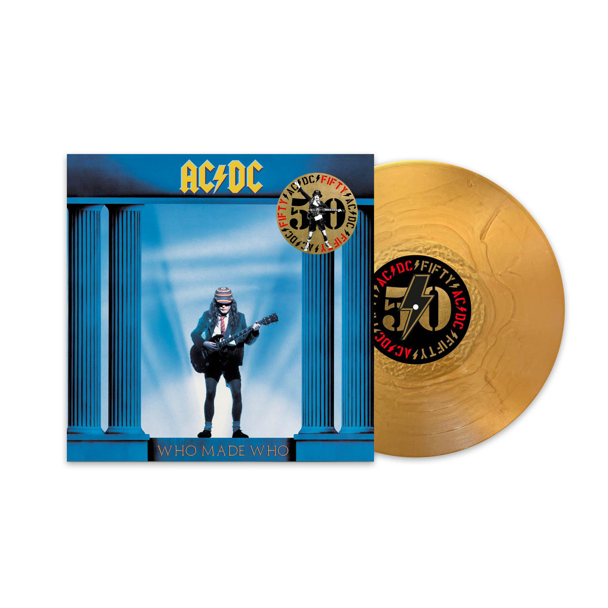 Albumcover: AC/DC Album, Figur spielt Gitarre mit goldener Schallplatte.