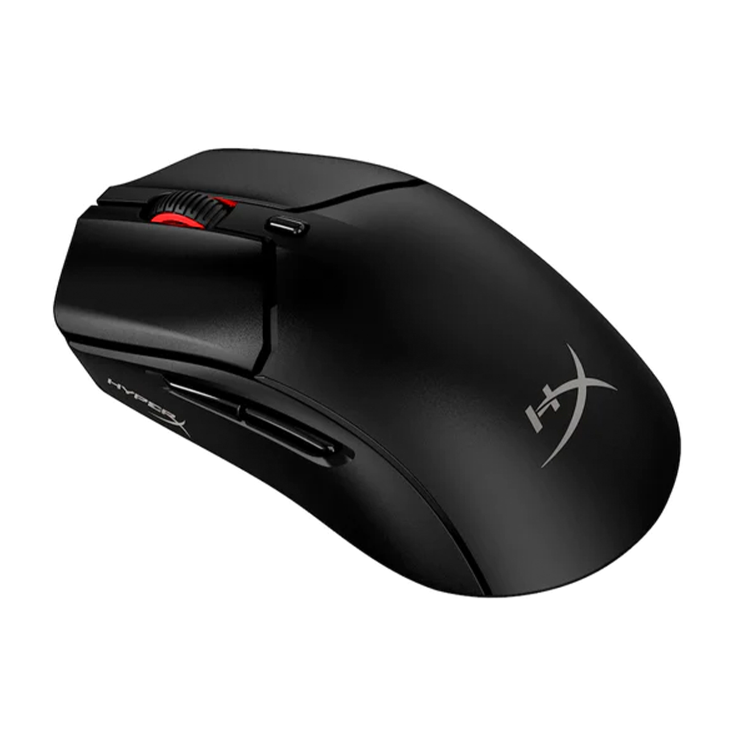 Mouse da gaming HyperX nero con rotella rossa.