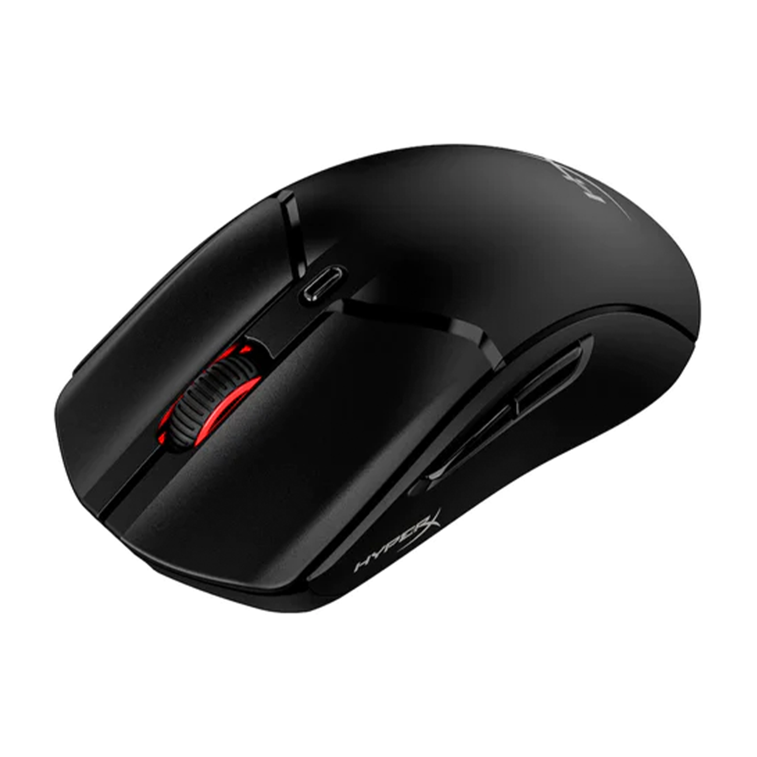 Mouse da gaming HyperX nero con rotella rossa e pulsanti laterali.