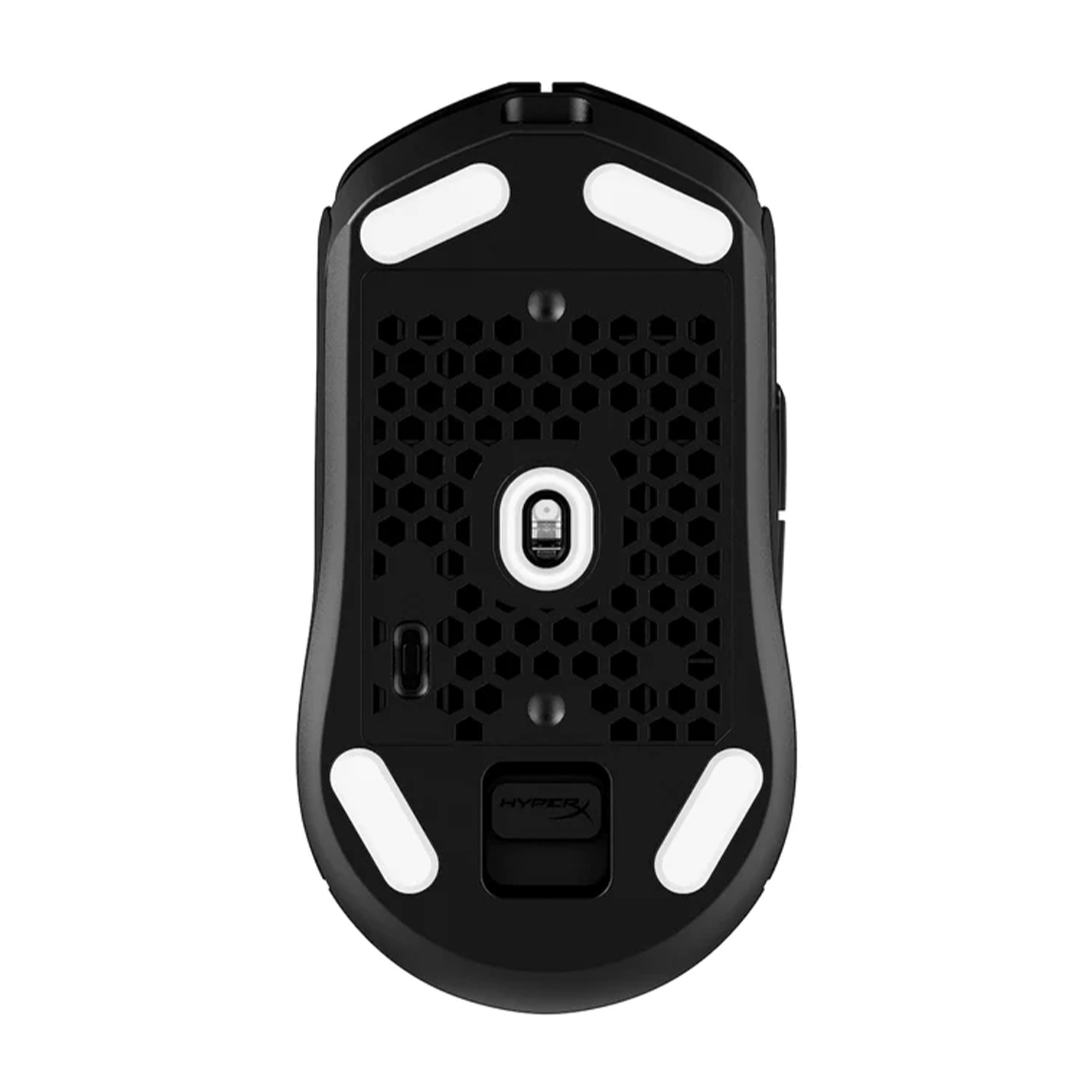 Parte inferiore di un mouse da gioco nero con cuscinetti bianchi e motivo a nido d'ape.
