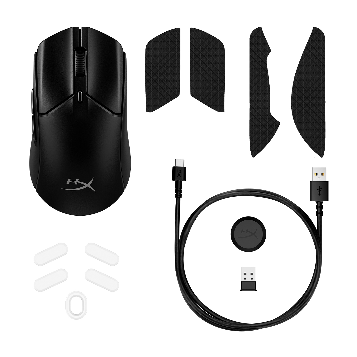Mouse da gioco nero con accessori: nastri di presa, cavo, ricevitore.