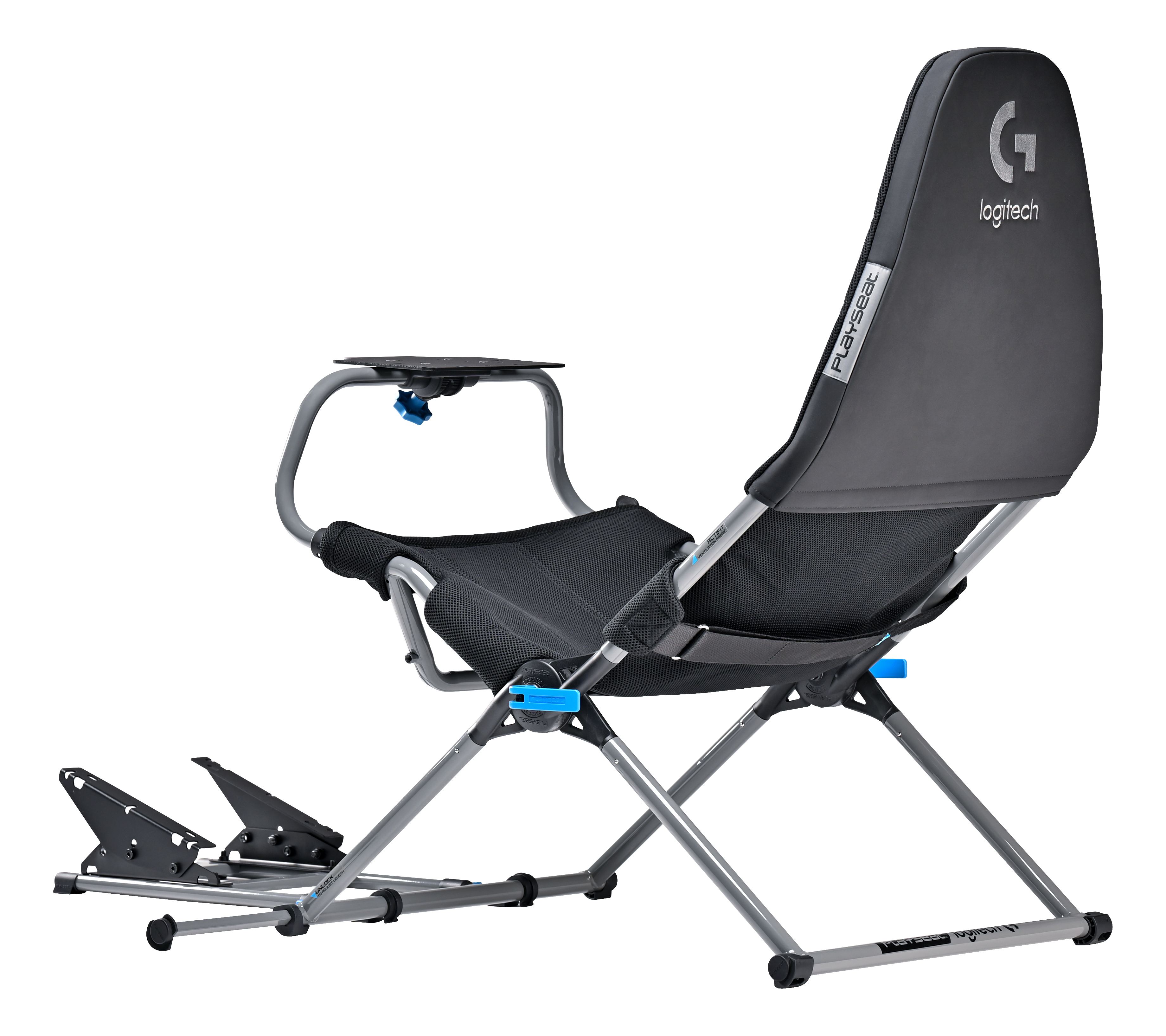 Black gaming chair with Logitech G logo and pedals.
