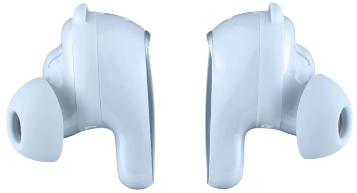 Dwa jasnoniebieskie słuchawki douszne. Każda słuchawka ma zaokrąglony kształt z miękką końcówką.