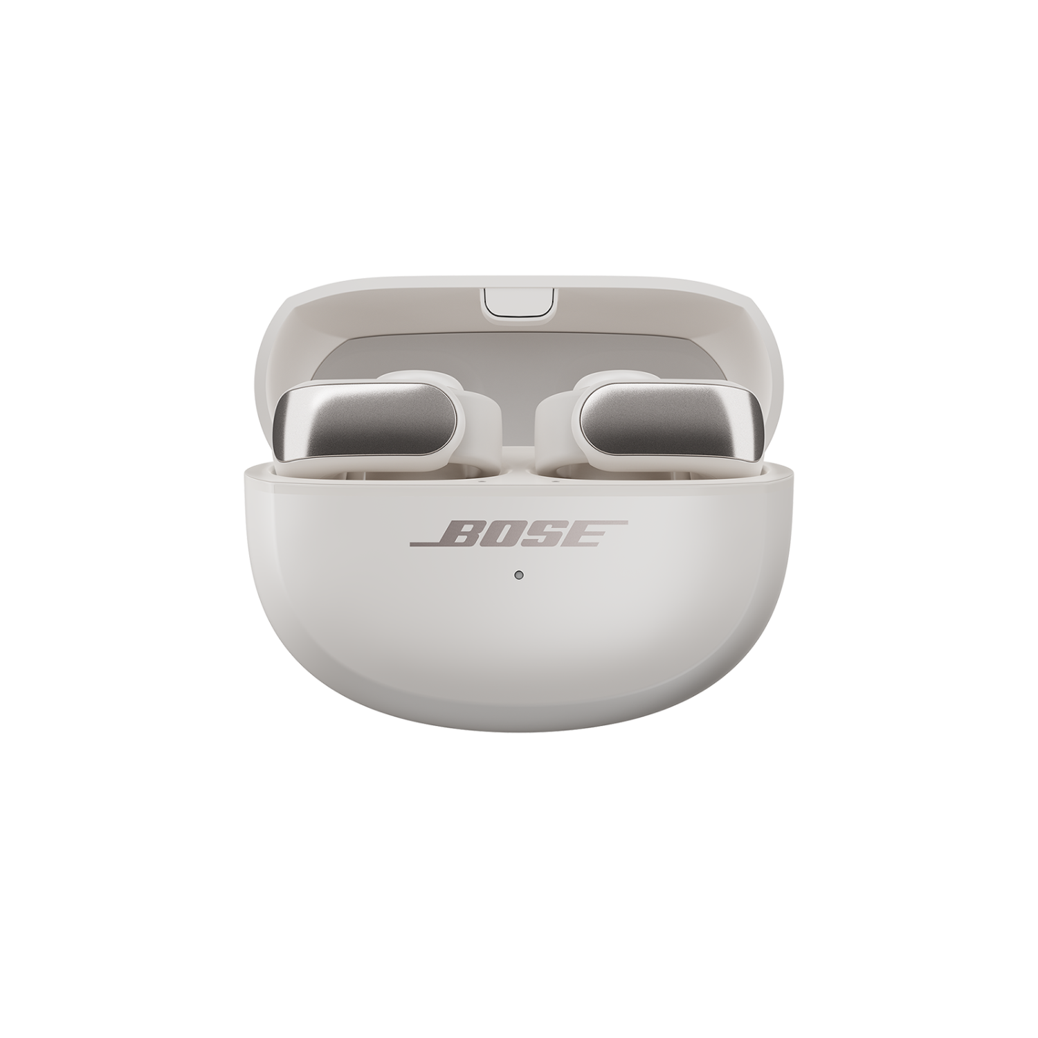 White earbuds inside a charging case, with the Bose logo visible.