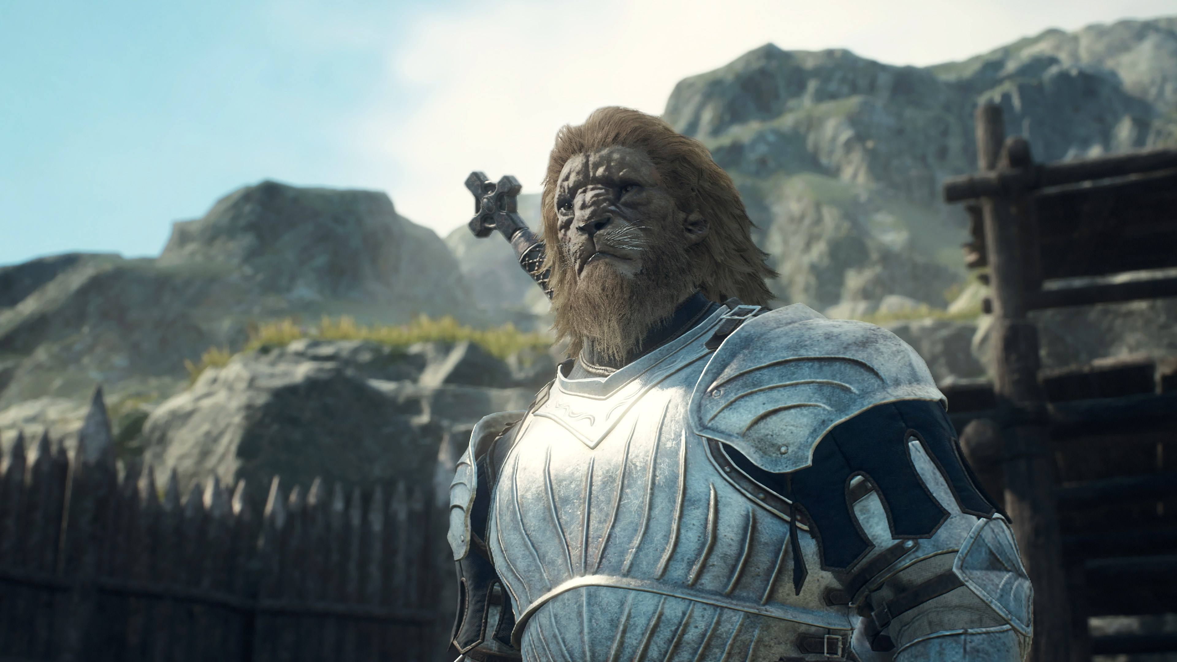 Un guerrier ressemblant à un lion en armure. Il a une épée et se trouve dans un cadre médiéval.