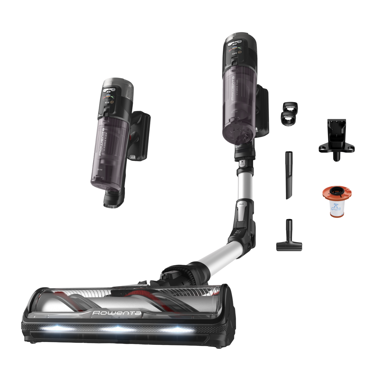 Schwarz-silberner Staubsauger mit abnehmbaren Teilen, einschließlich Motor und Zubehör.