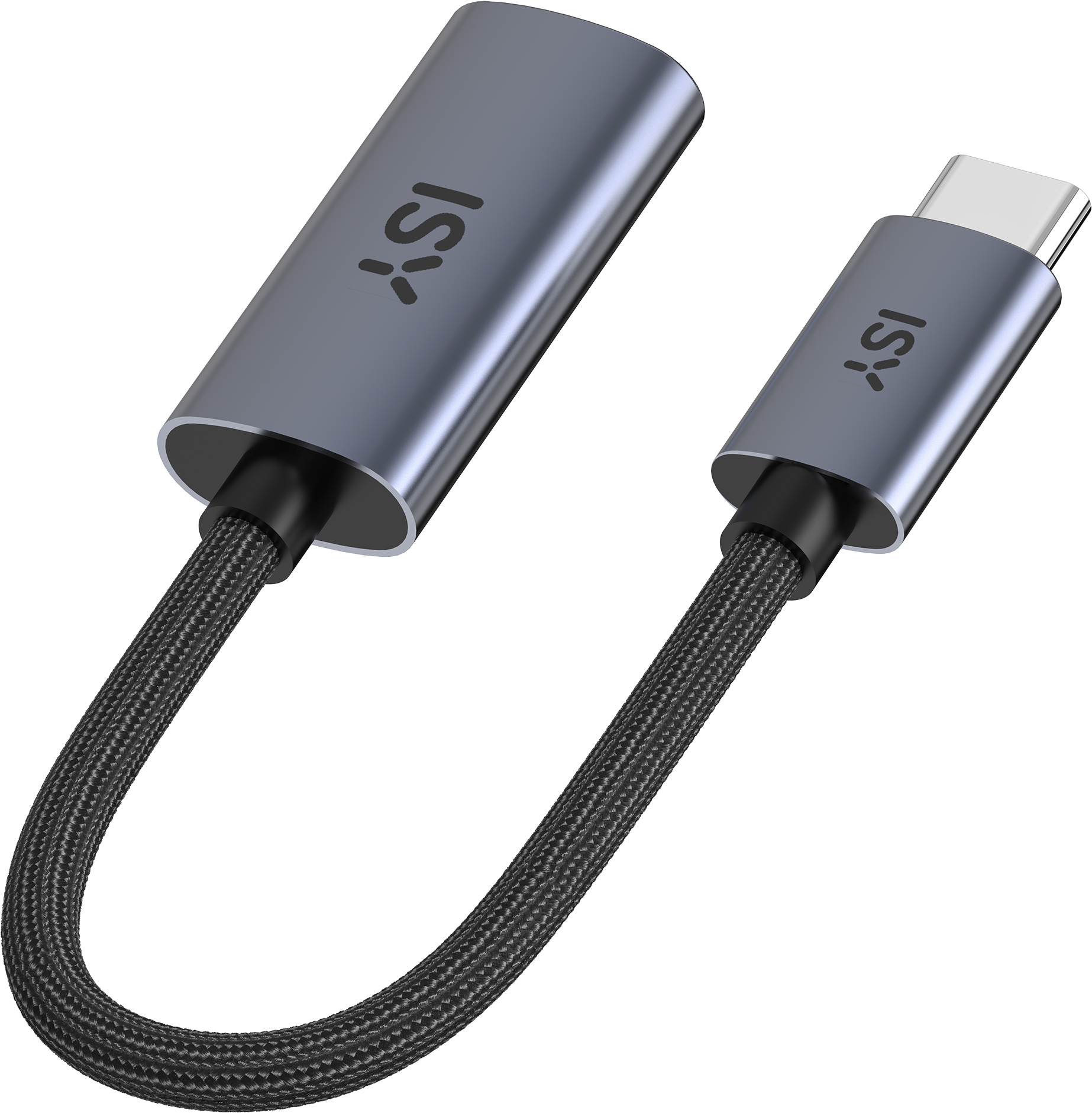 Ein USB-C-zu-USB-A-Adapterkabel. Dunkelgrau mit 'ISY'-Branding an beiden Enden und geflochtenem Kabel.